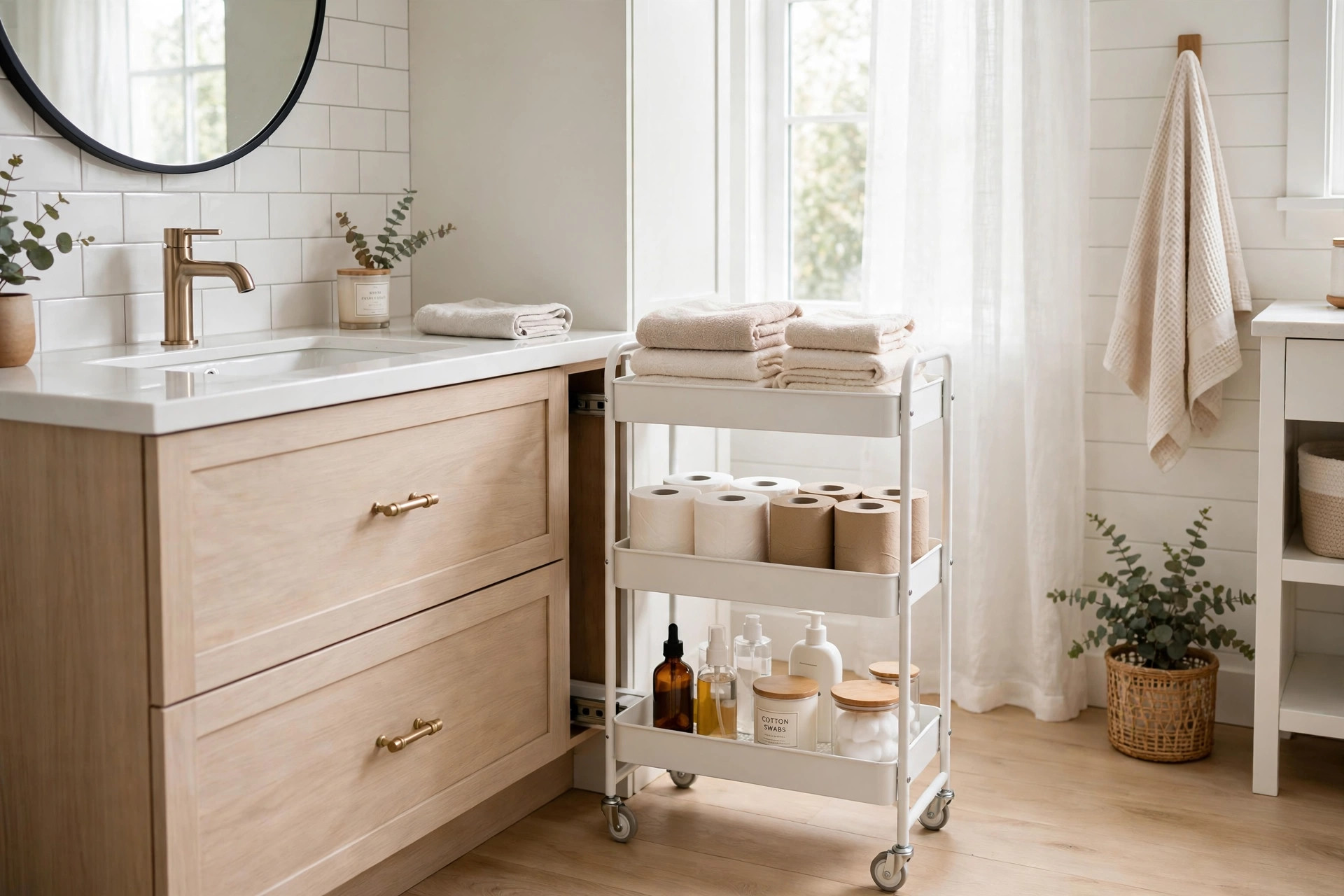 Slim rolling cart in the gap beside a bathroom vanity