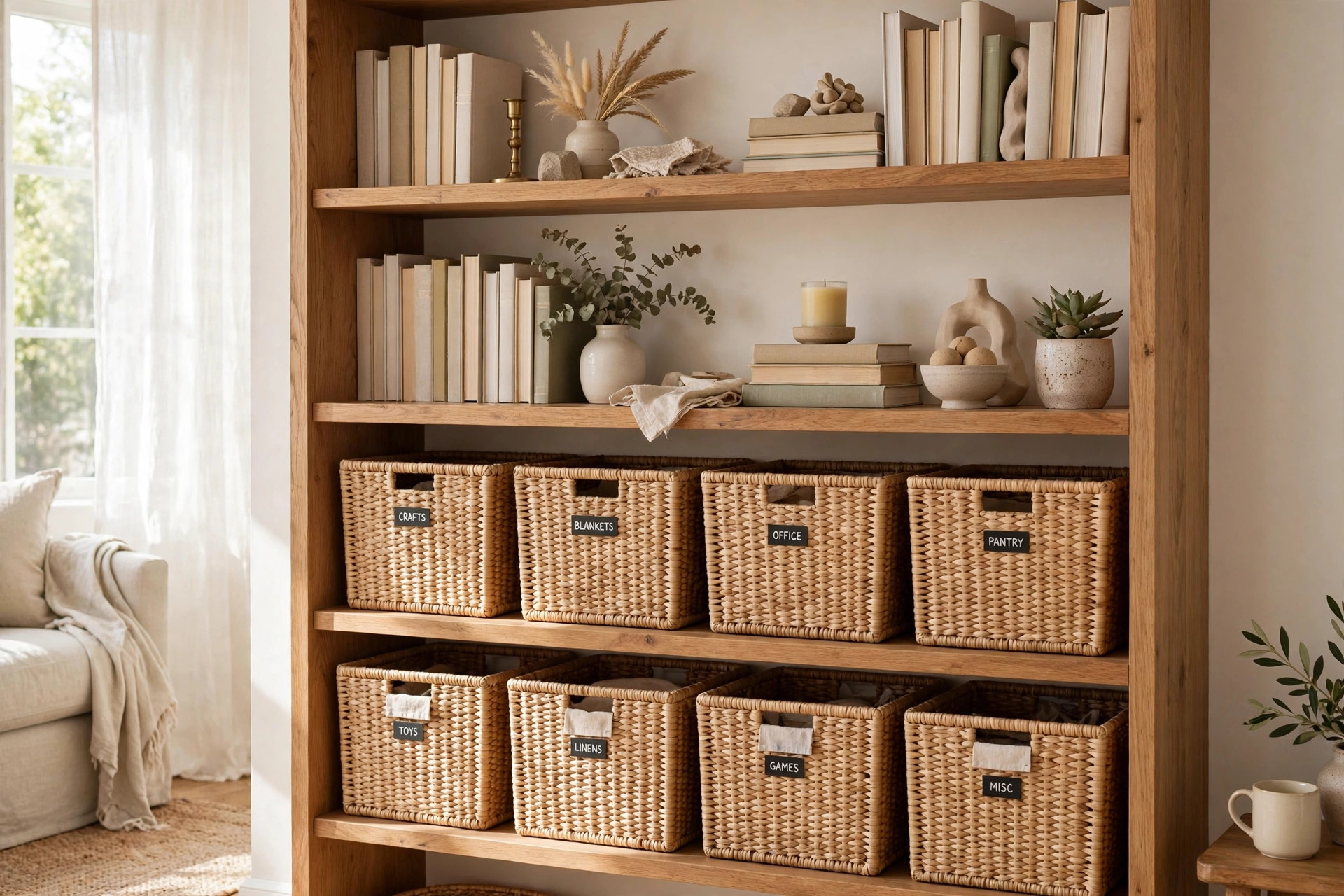 Bookshelf zoned with matching labeled bins
