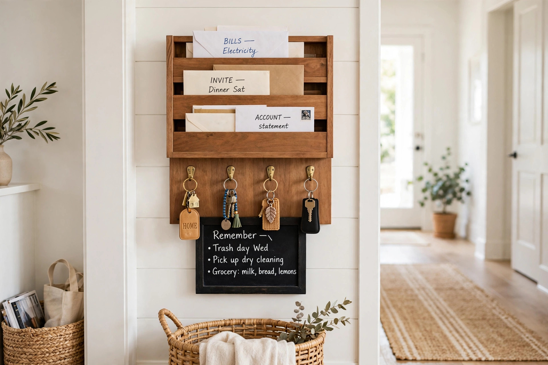 Wall-mounted mail and keys command center