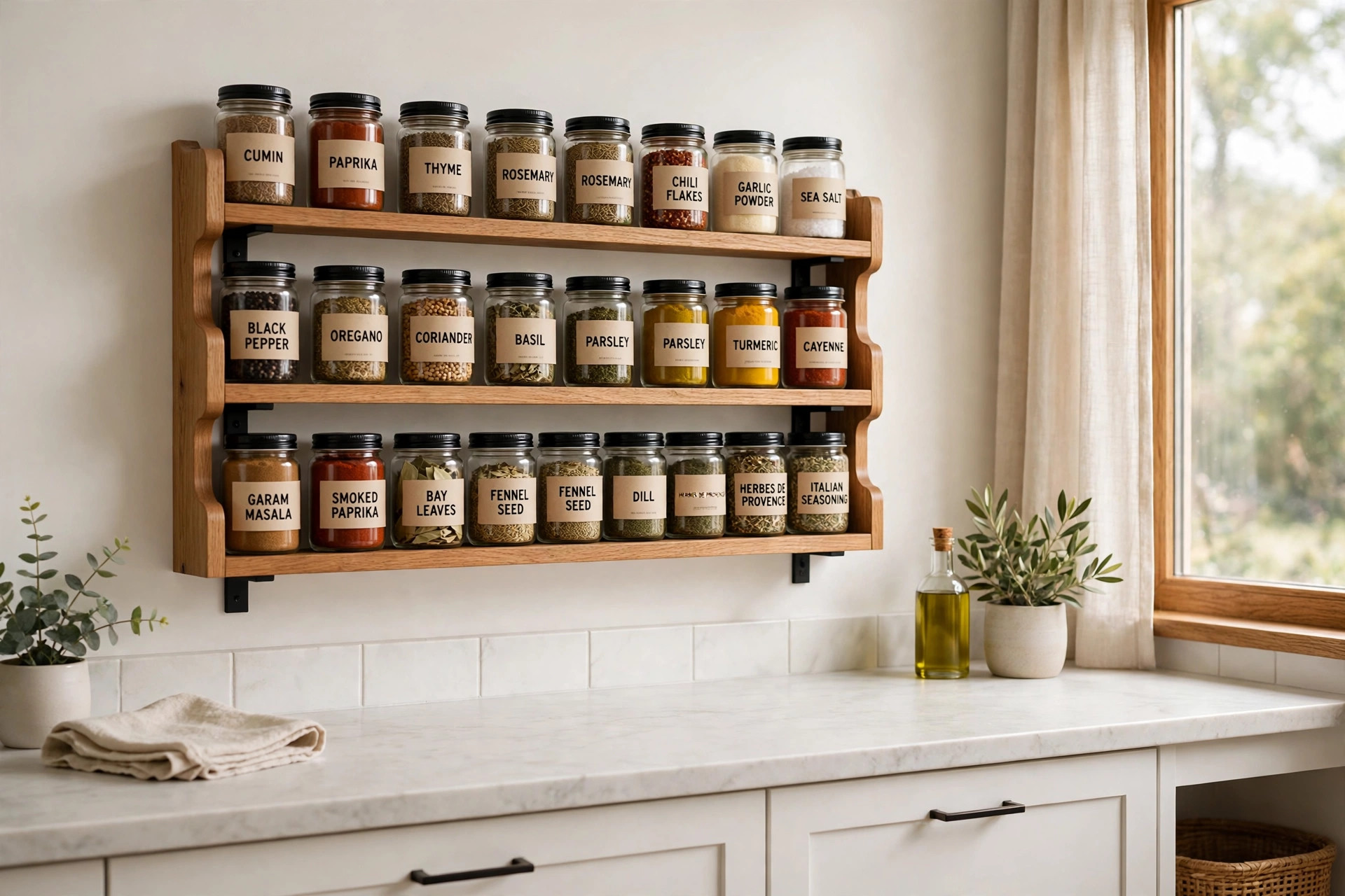 Wall-mounted spice rack with organized jars