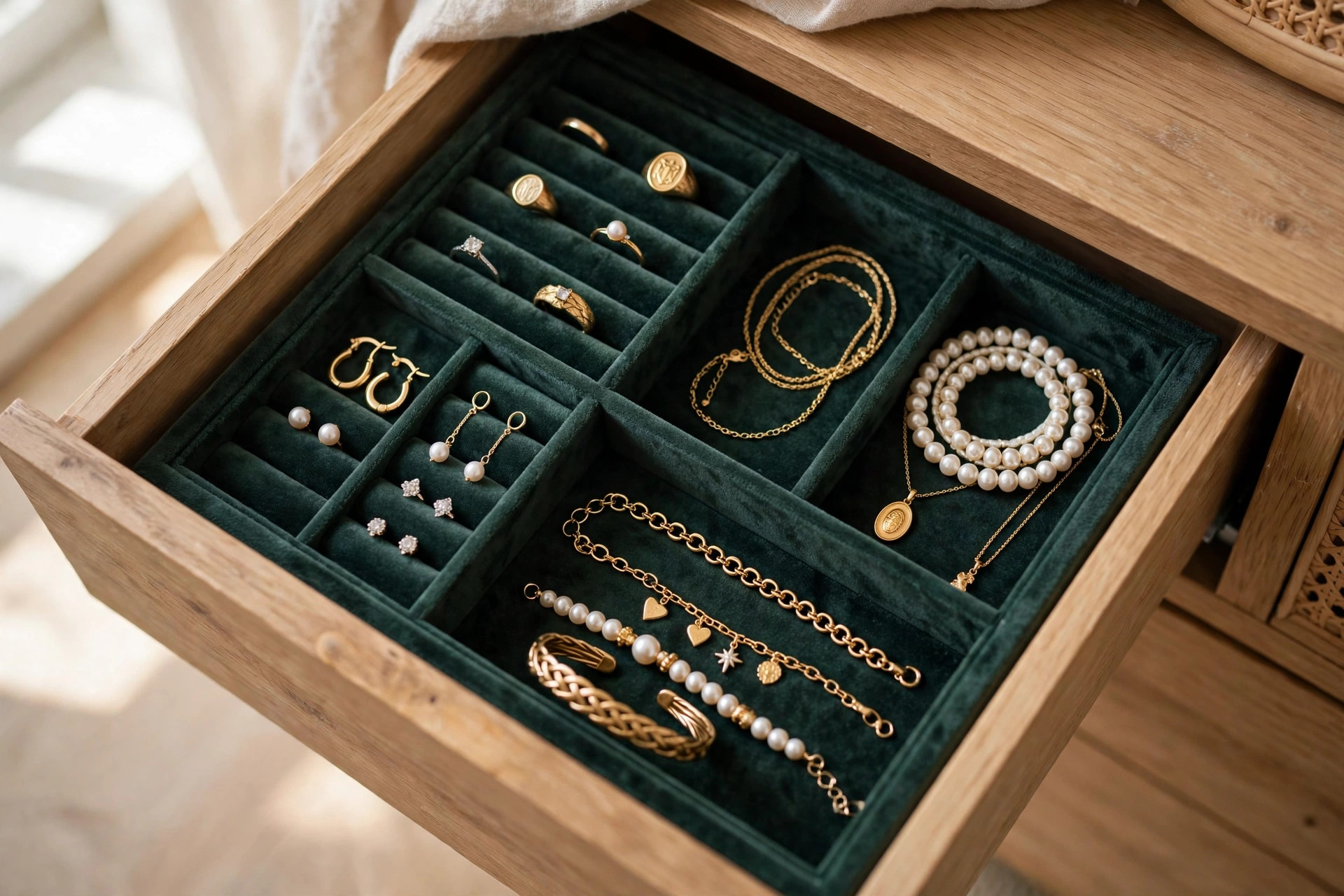 Velvet drawer insert organizing jewelry