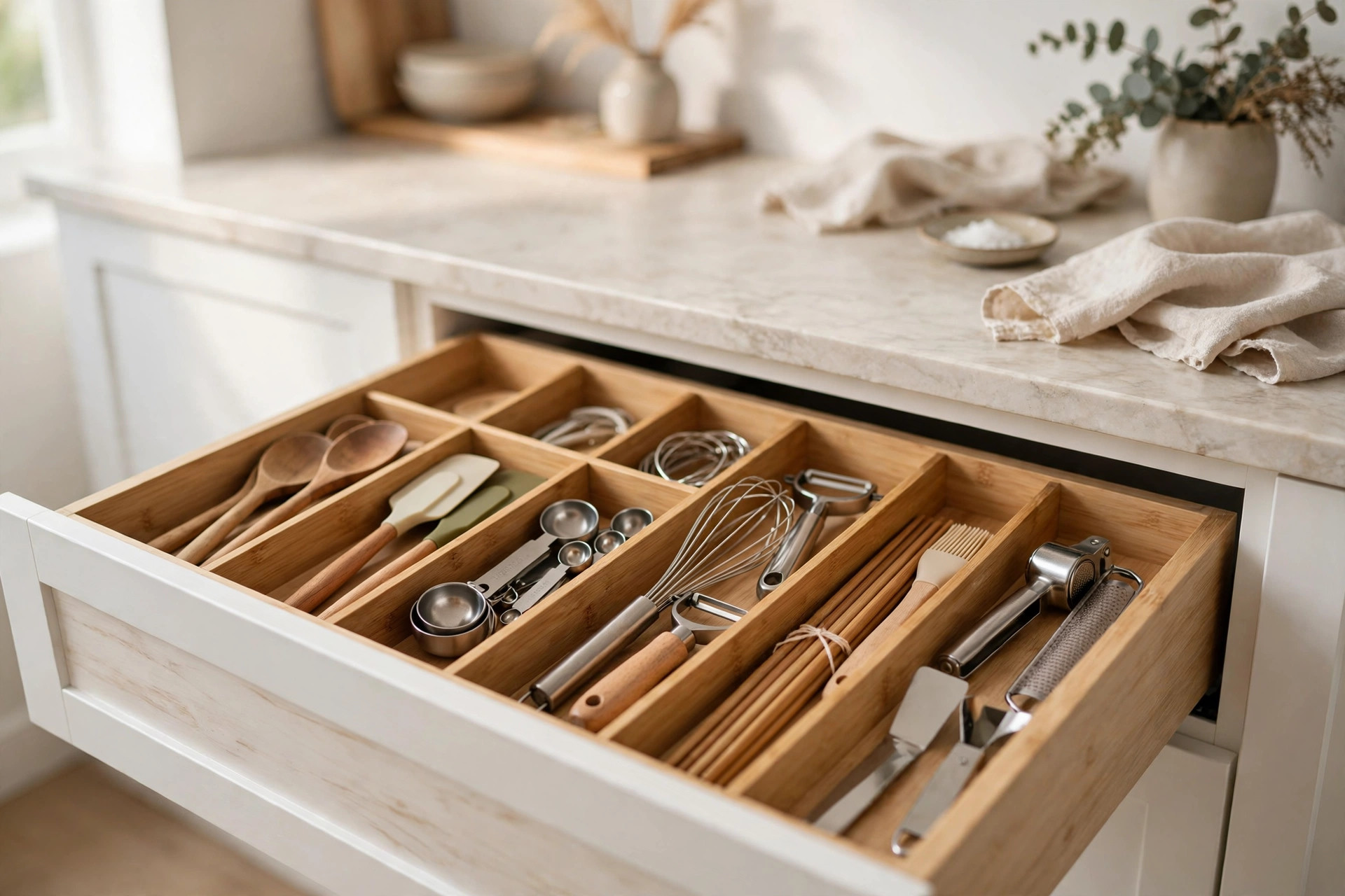Kitchen drawer organized with bamboo dividers