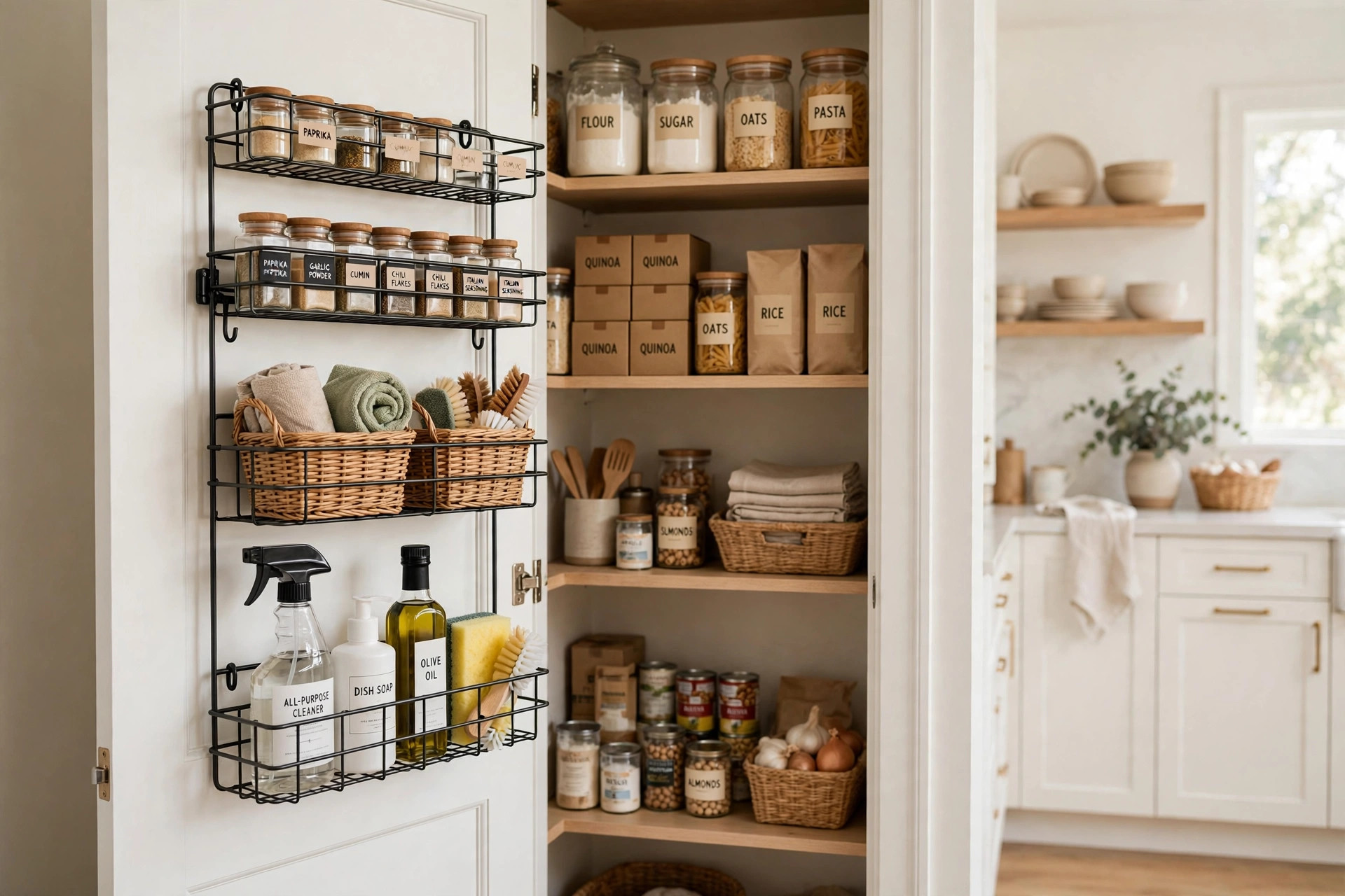 Over-the-door storage rack with baskets on a pantry door