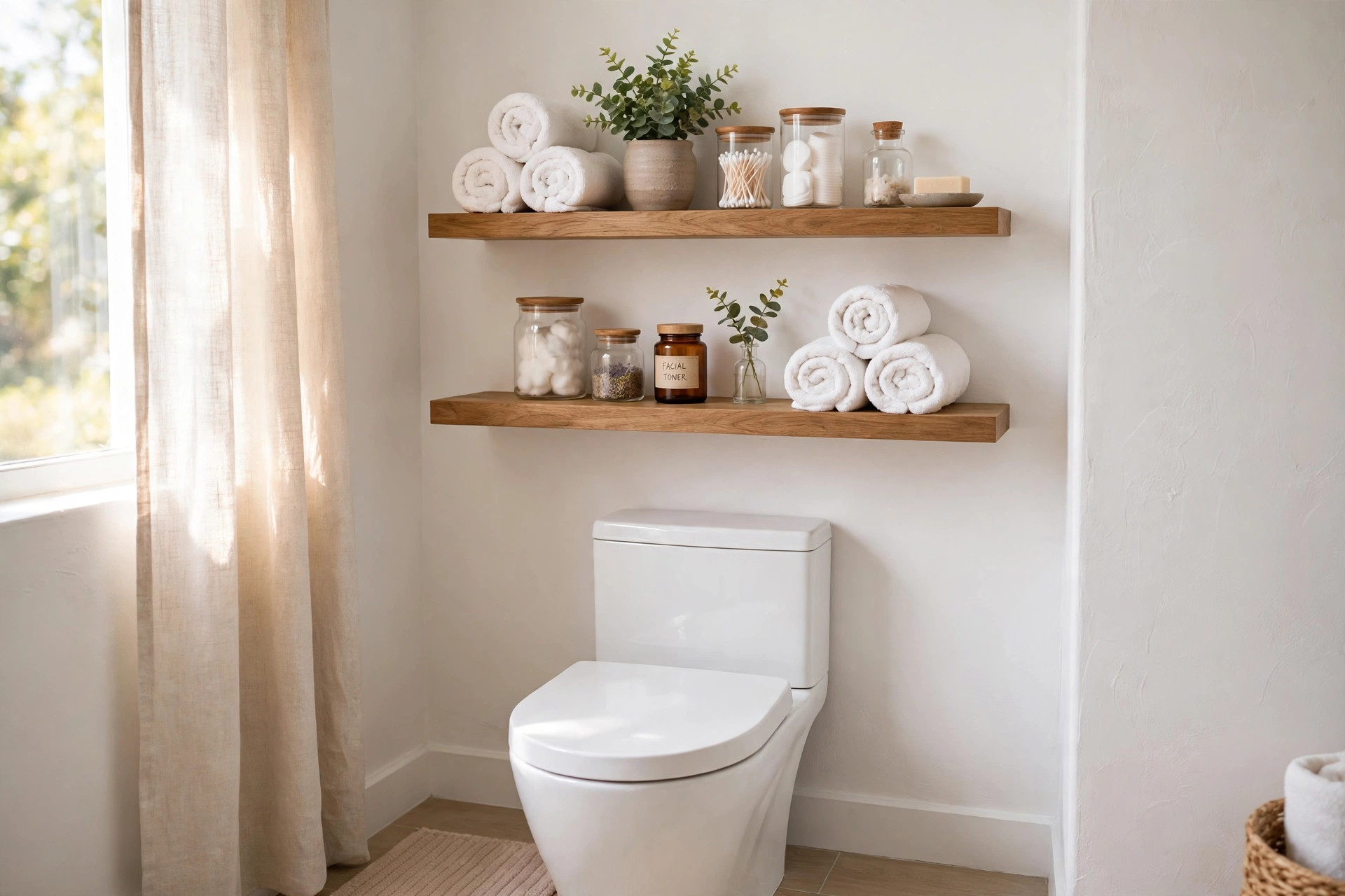 Floating shelves above a toilet holding towels and toiletries