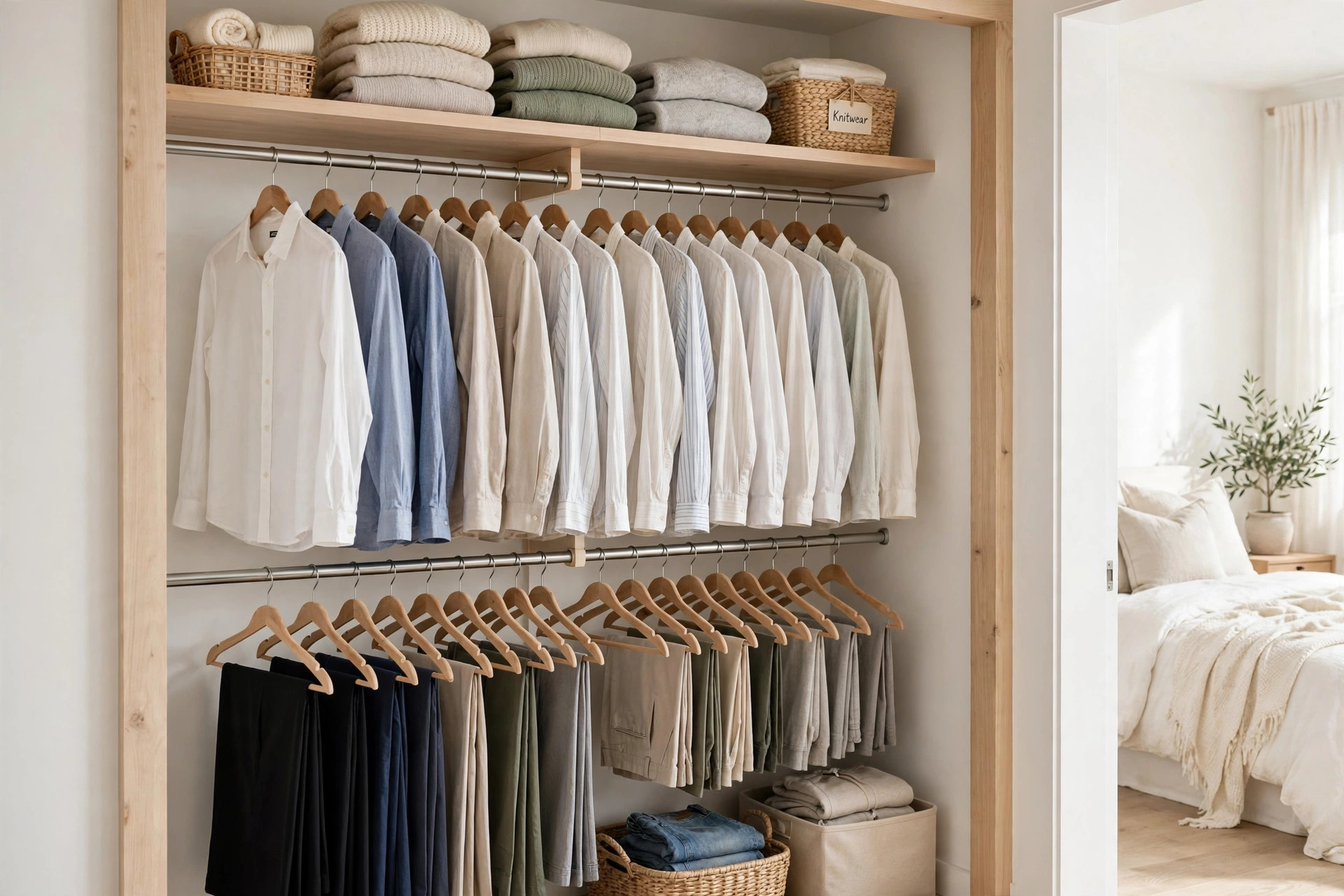 Closet with a second tension rod doubling hanging space