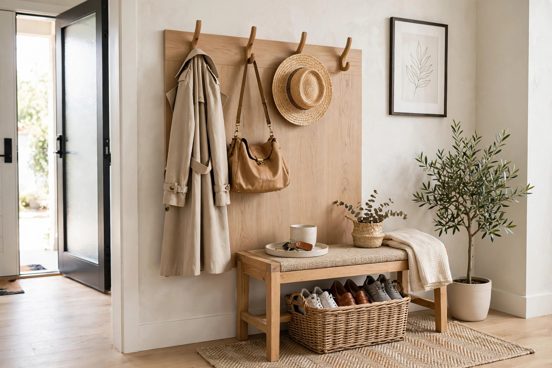 Entryway drop zone with wall hooks, bench, and shoe basket
