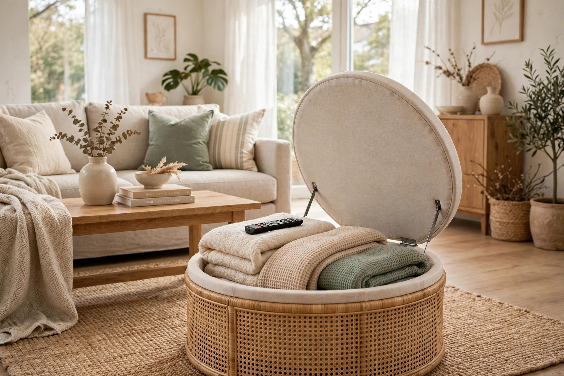 Storage ottoman hiding clutter in a living room