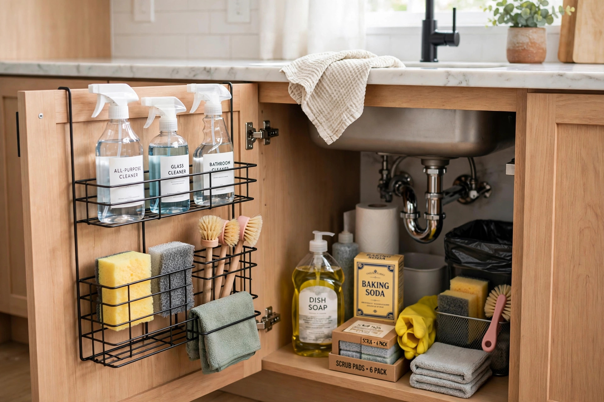 Organizers mounted inside under-sink cabinet doors