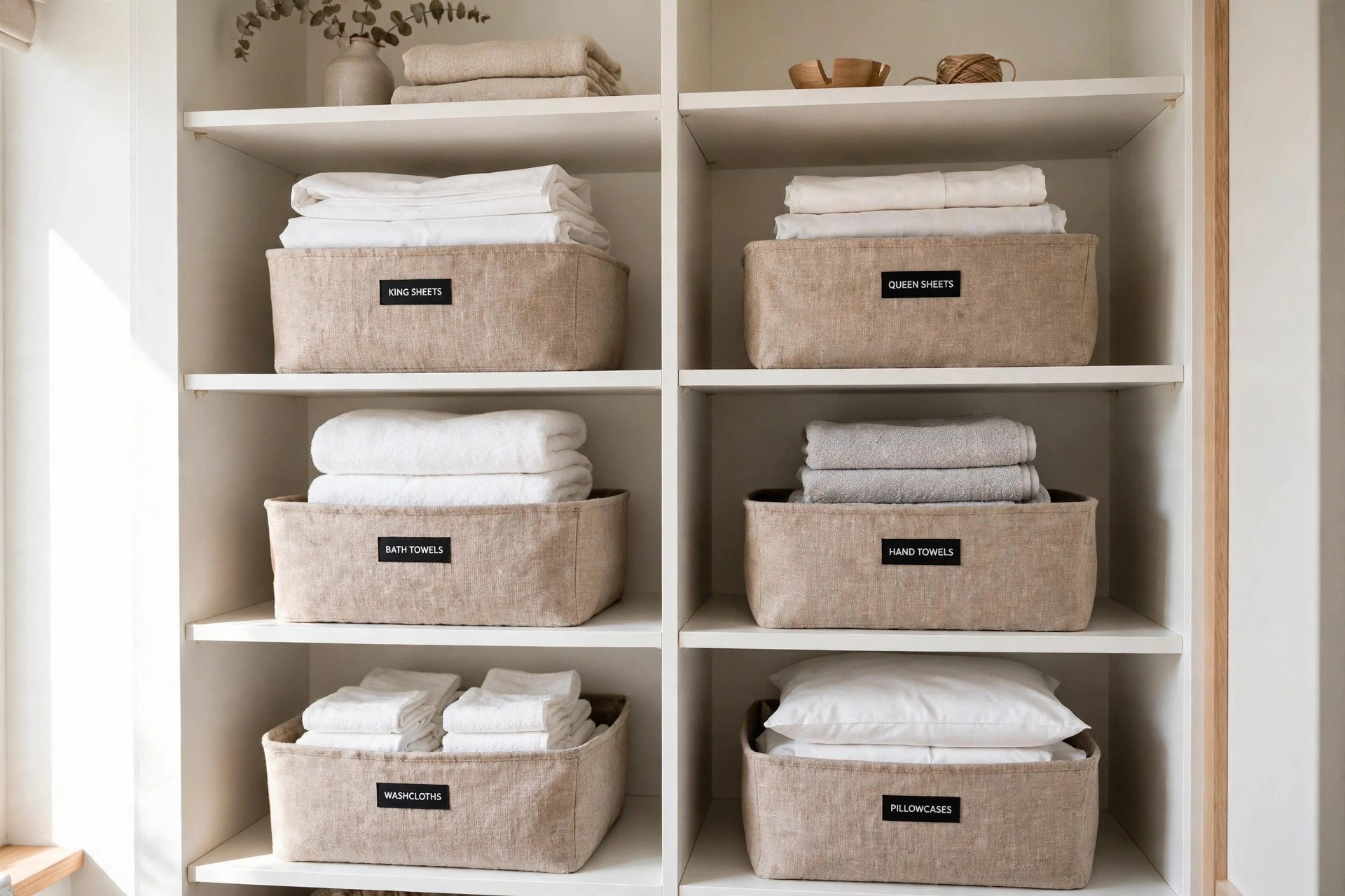 Linen closet with labeled baskets of folded linens