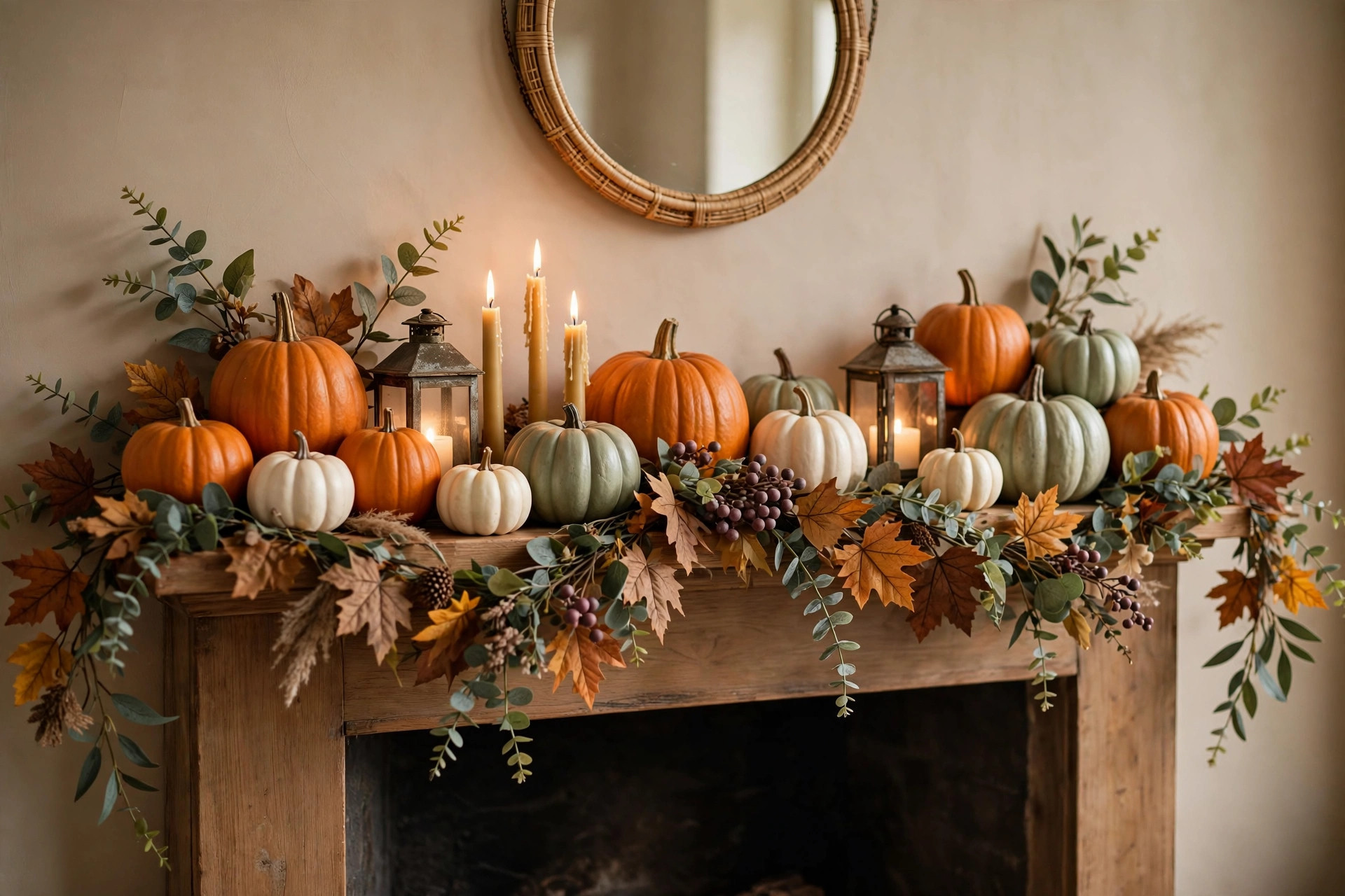 Fall mantel layered with pumpkins, eucalyptus garland, and candles