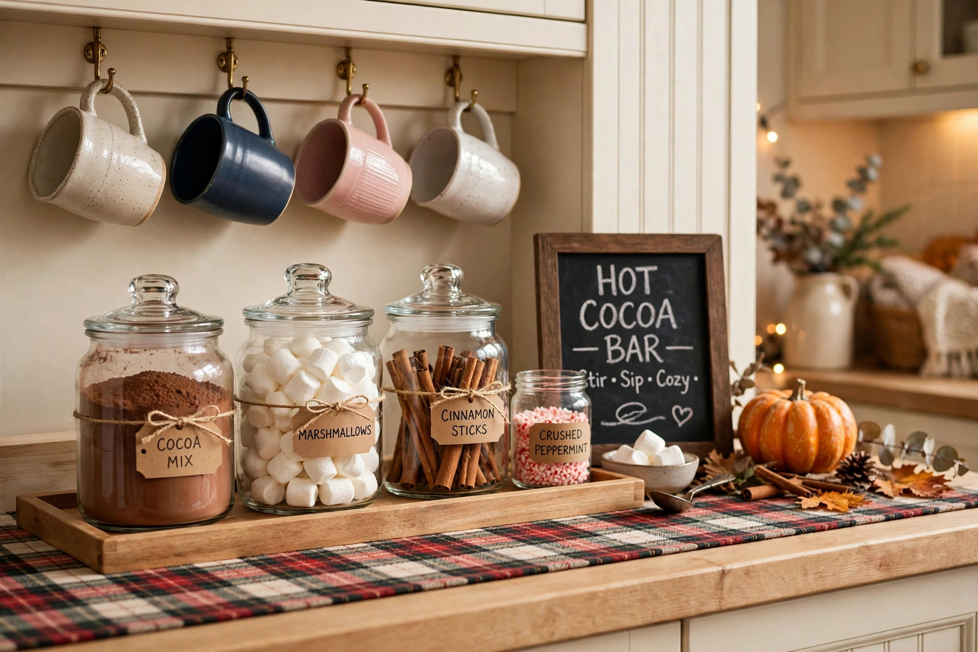 Hot cocoa station with mugs, glass jars of treats, and a chalkboard sign