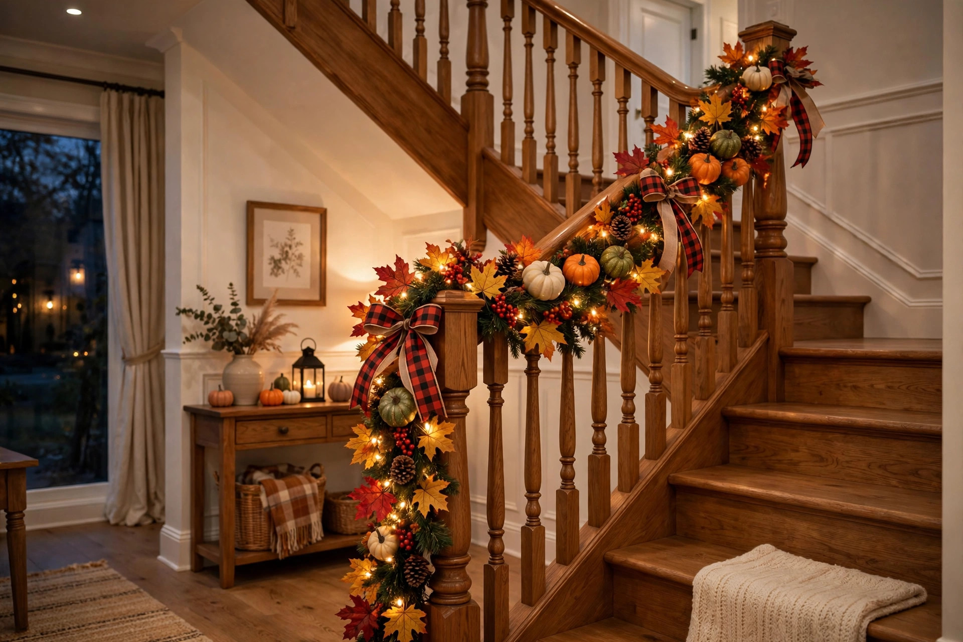 Staircase banister draped with a fall leaf garland and fairy lights