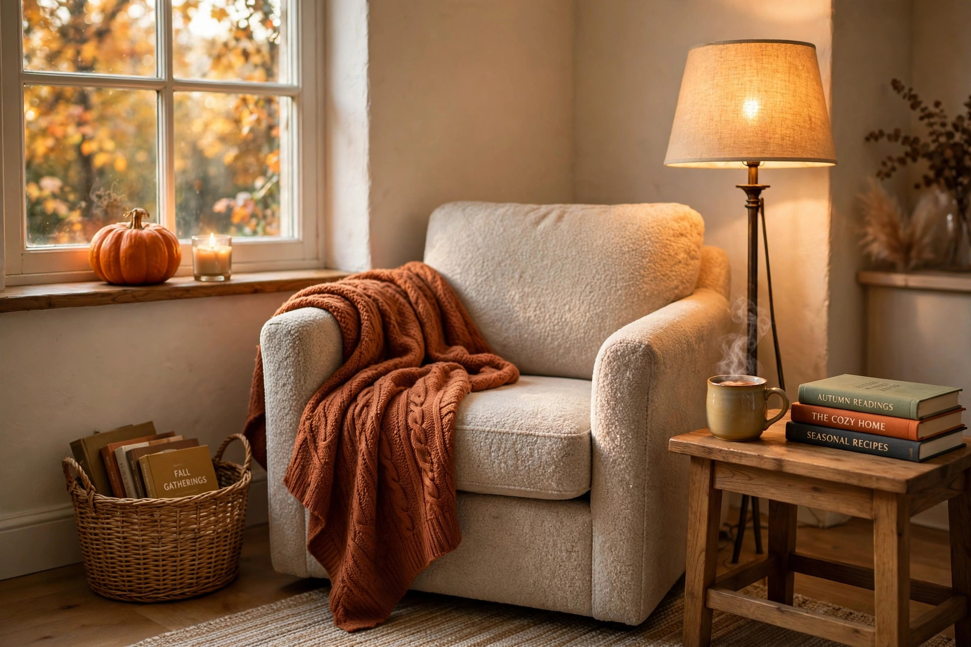 Cozy fall reading nook with an armchair, knit throw, and warm lamp