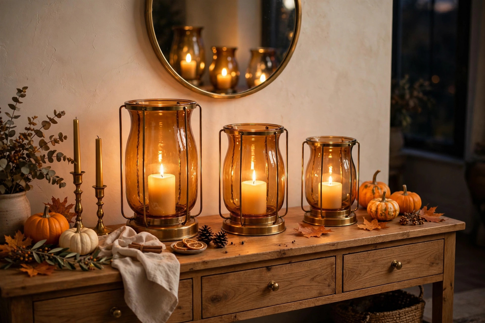 Amber glass lanterns glowing with pillar candles on a sideboard
