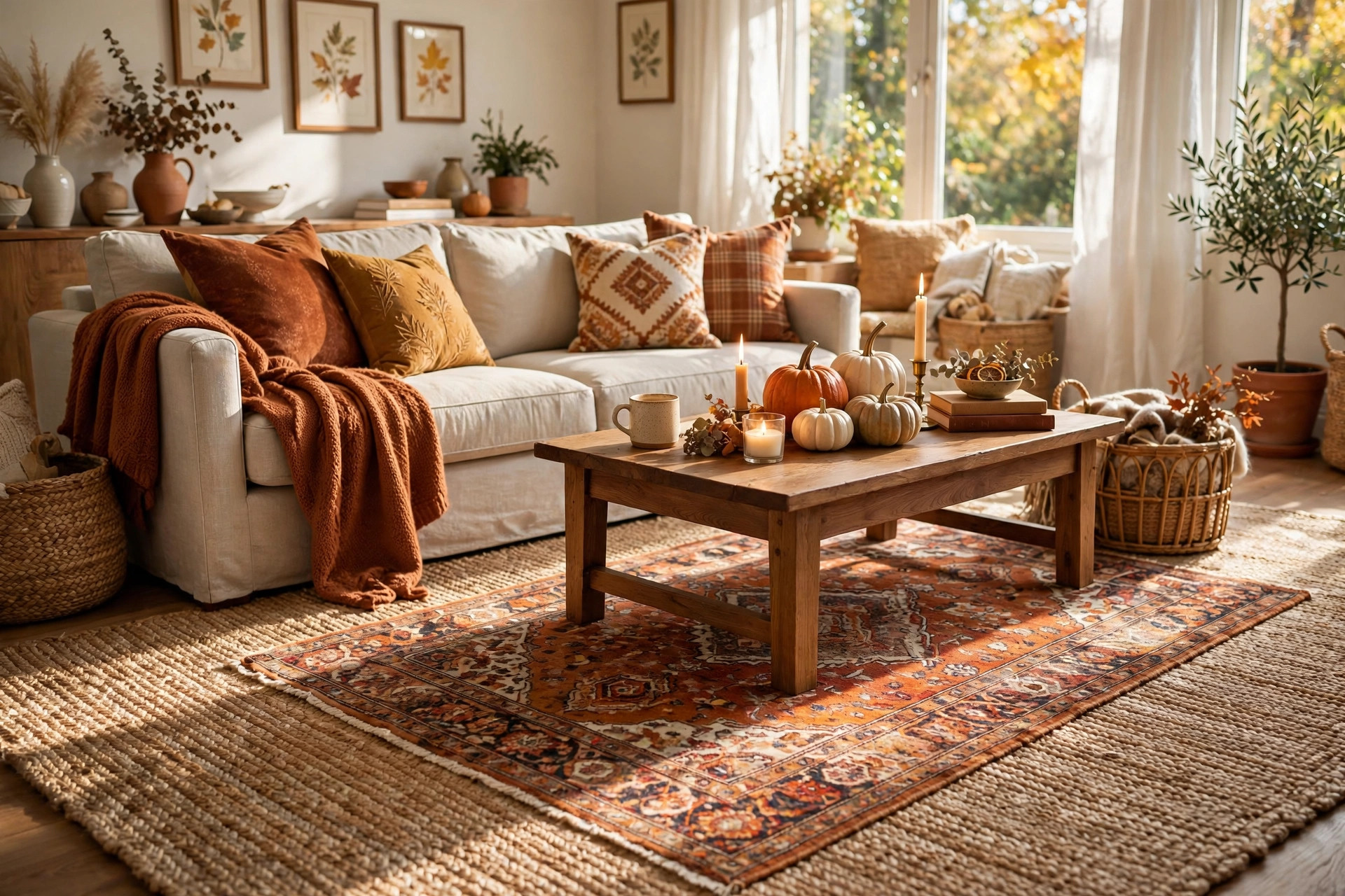 Living room with layered jute and patterned rugs in warm tones