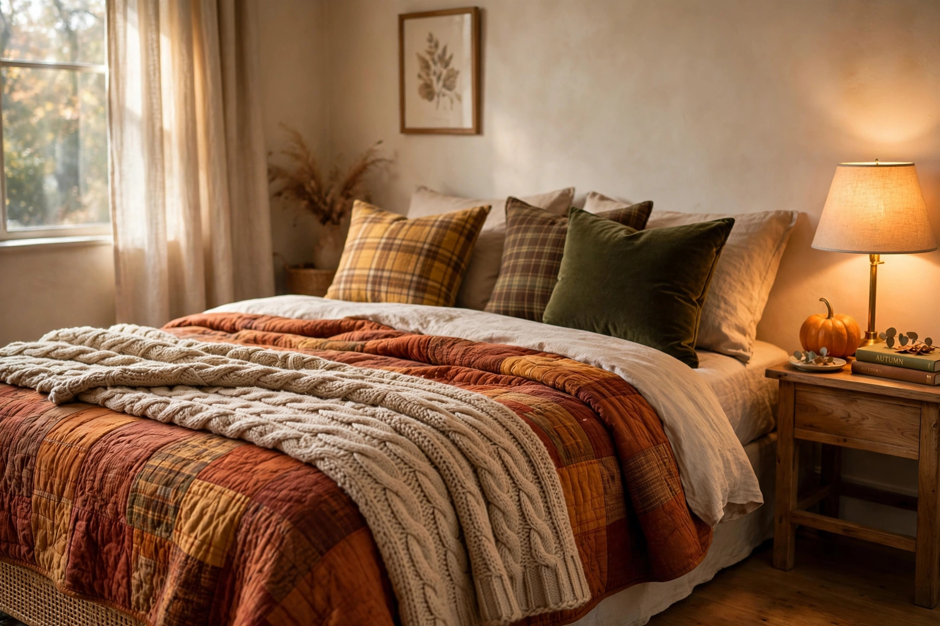 Cozy bedroom with rust and terracotta autumn bedding and plaid pillows