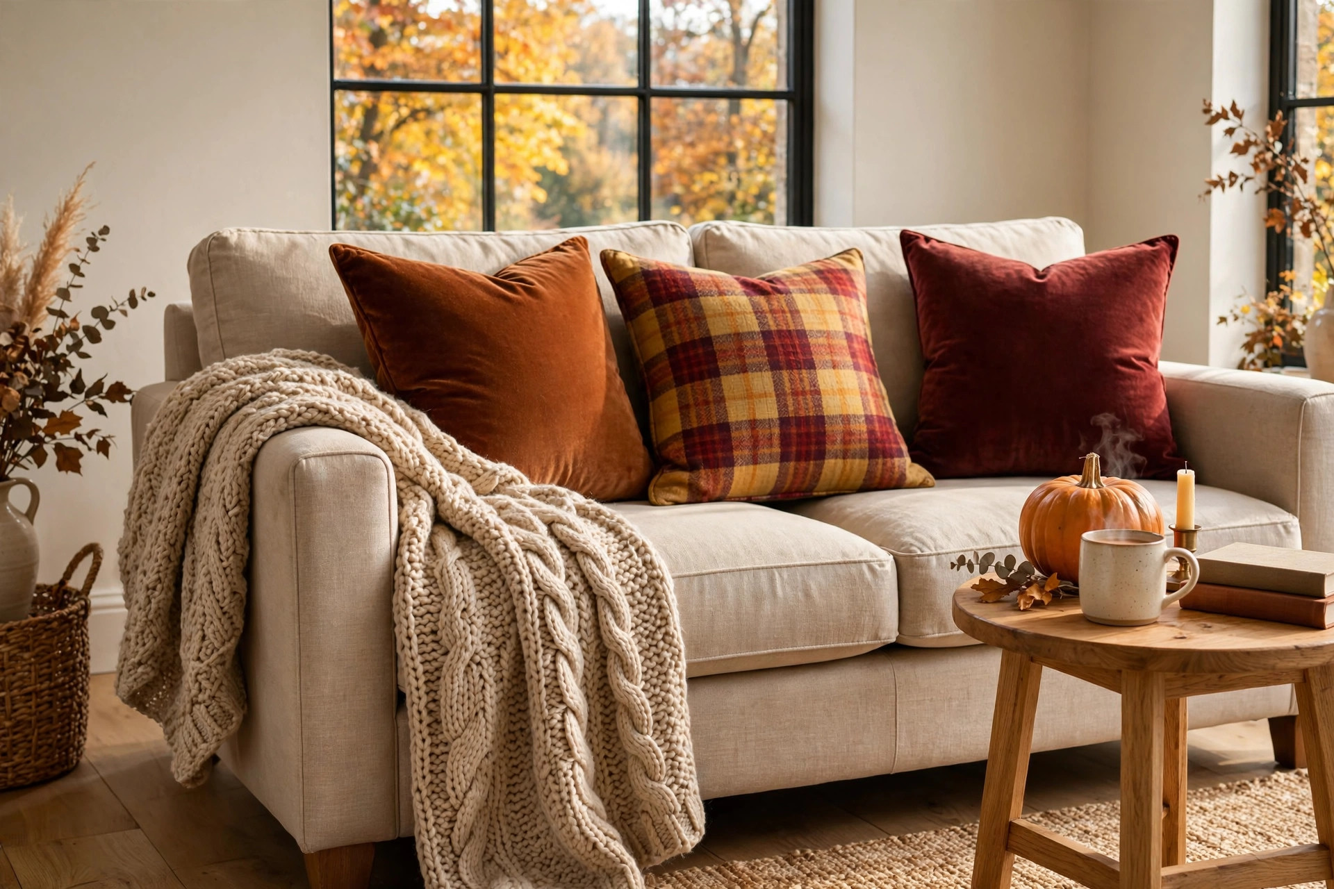 Sofa draped with a chunky knit throw and plaid fall pillows