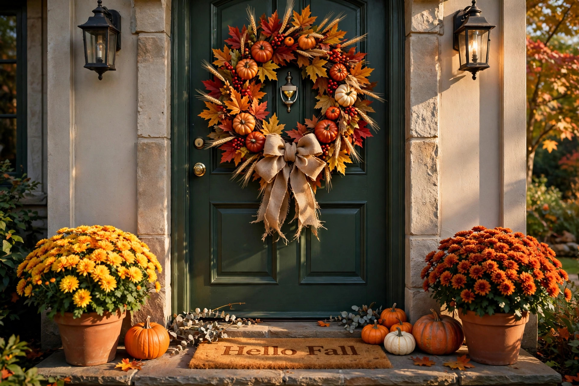 Harvest wreath with maple leaves and berries on a front door