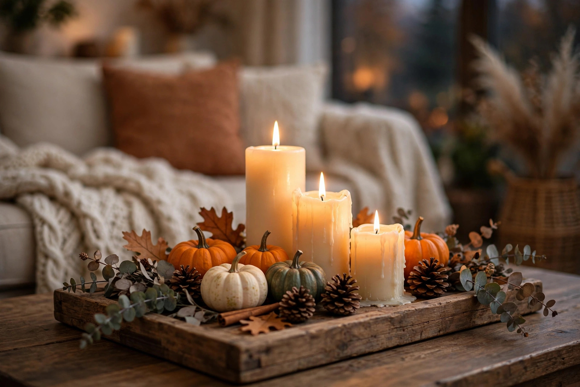 Candle cluster with pillar candles, mini pumpkins, and pinecones on a coffee table