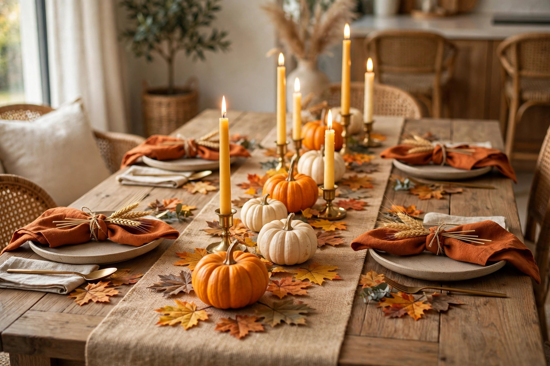 Autumn tablescape with burlap runner, taper candles, and pumpkins