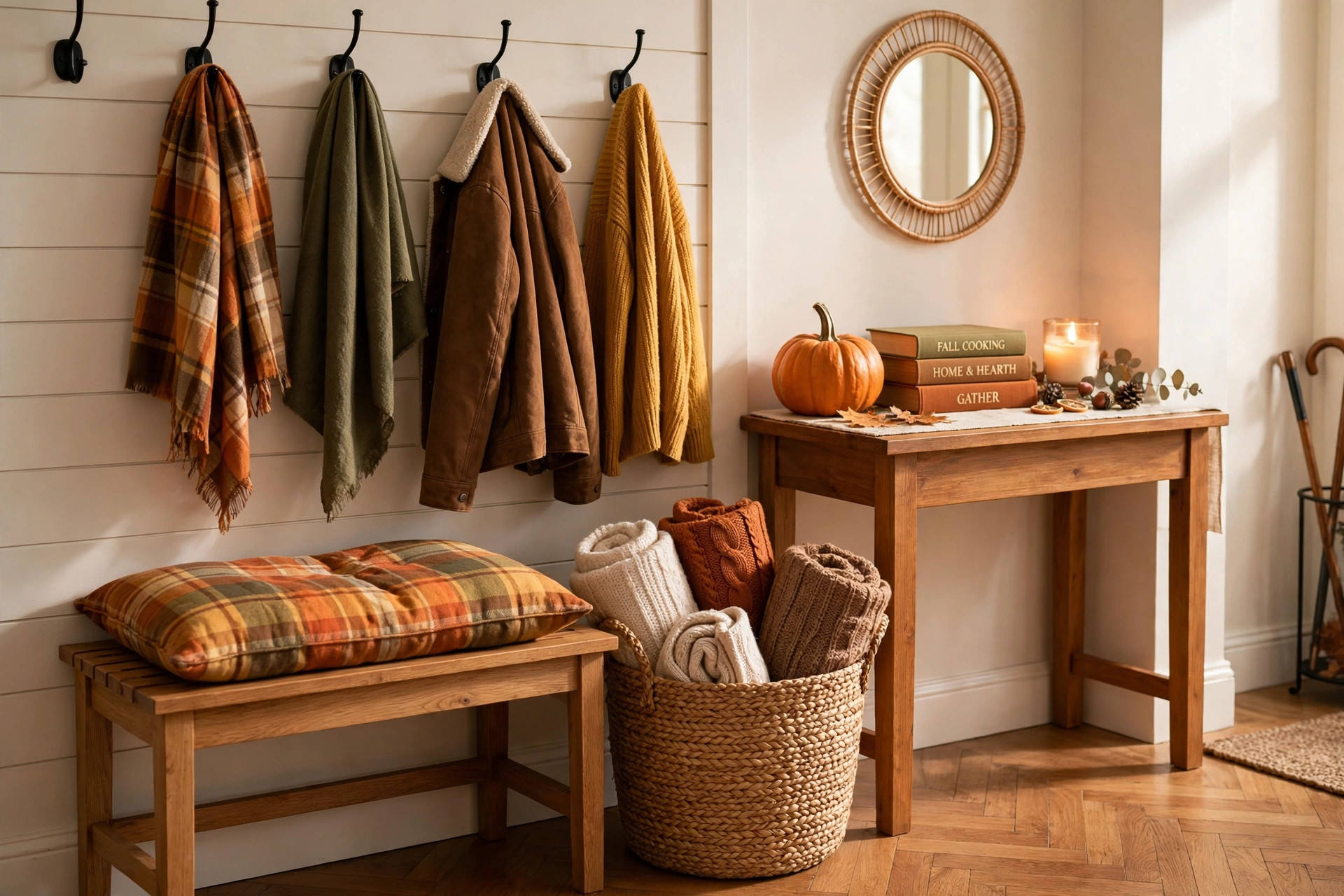 Cozy entryway with bench, hanging scarves, and fall decor