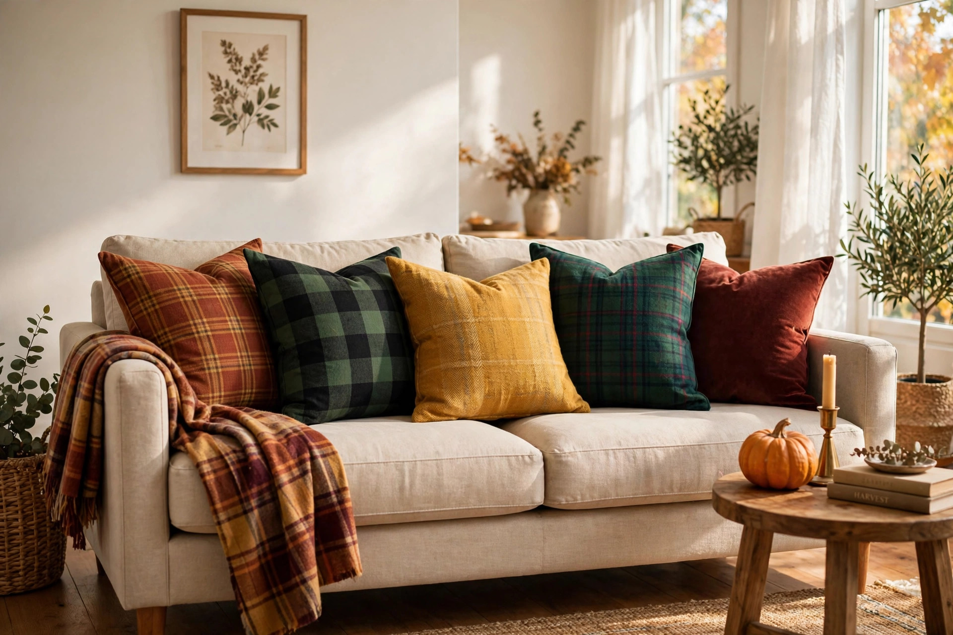 Sofa styled with plaid and flannel pillows in rust and mustard tones