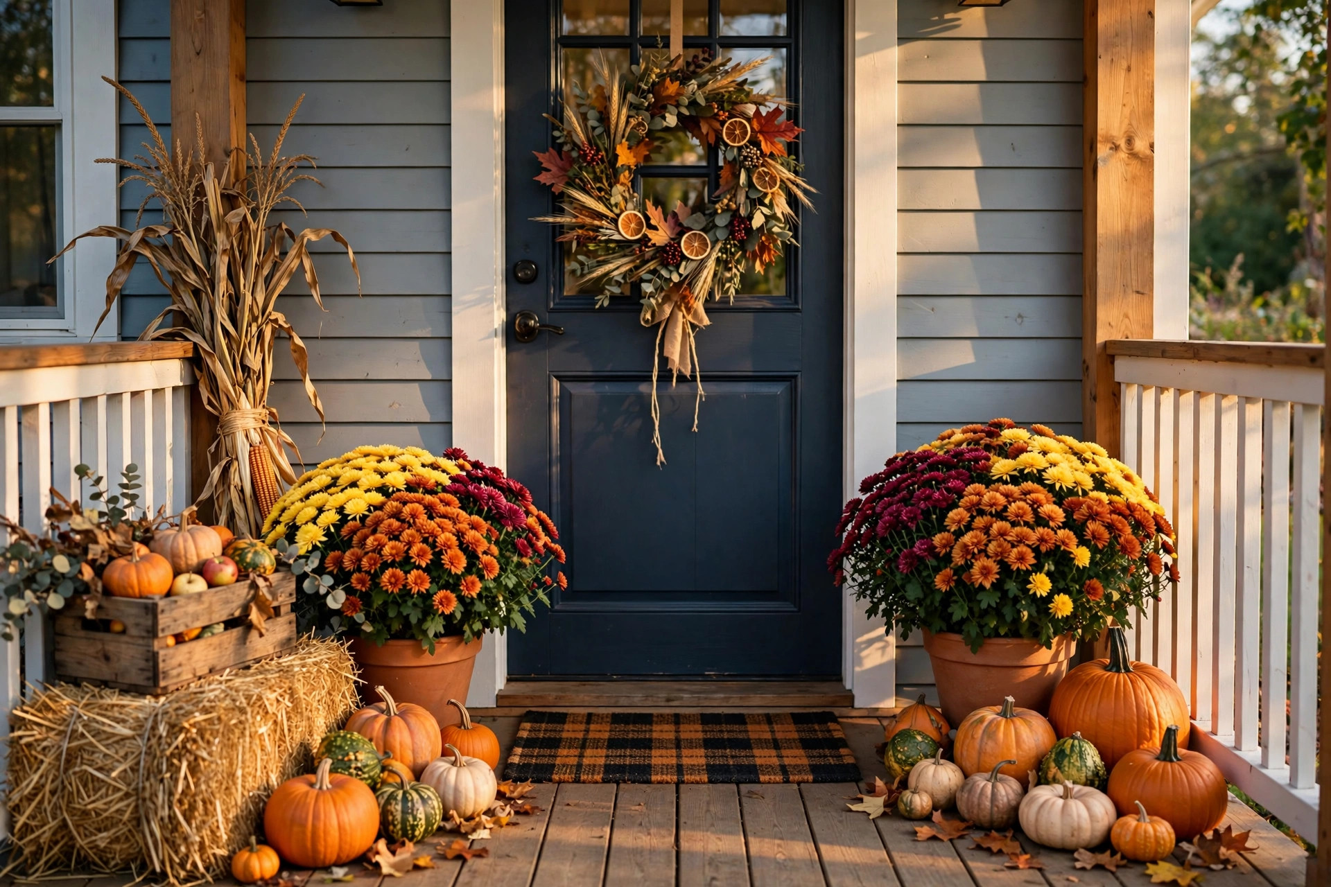 Fall front porch with mums, pumpkins, and a harvest wreath