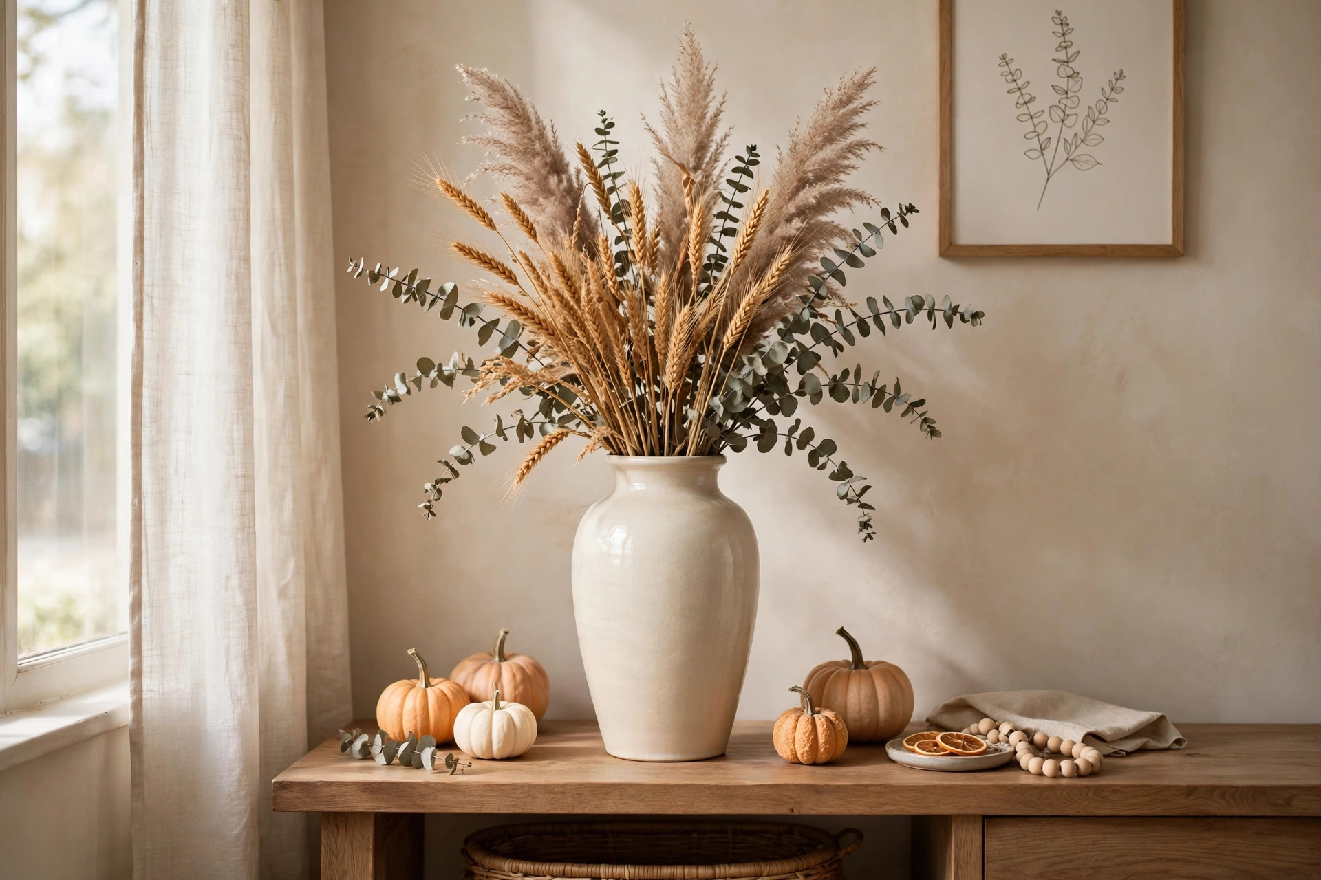 Tall vase filled with dried wheat stalks and pampas grass