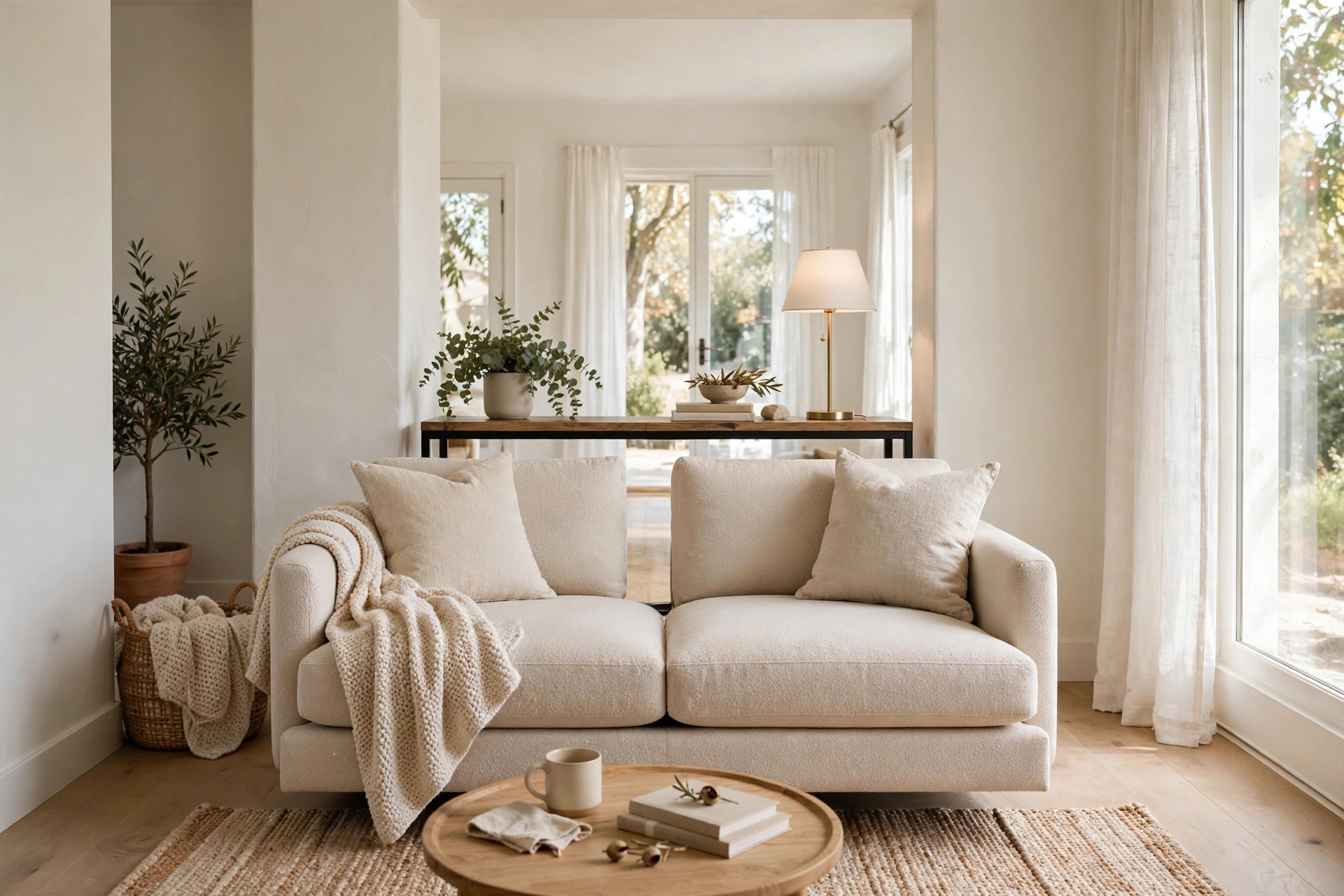Sofa floated a few inches off the wall in a bright neutral living room