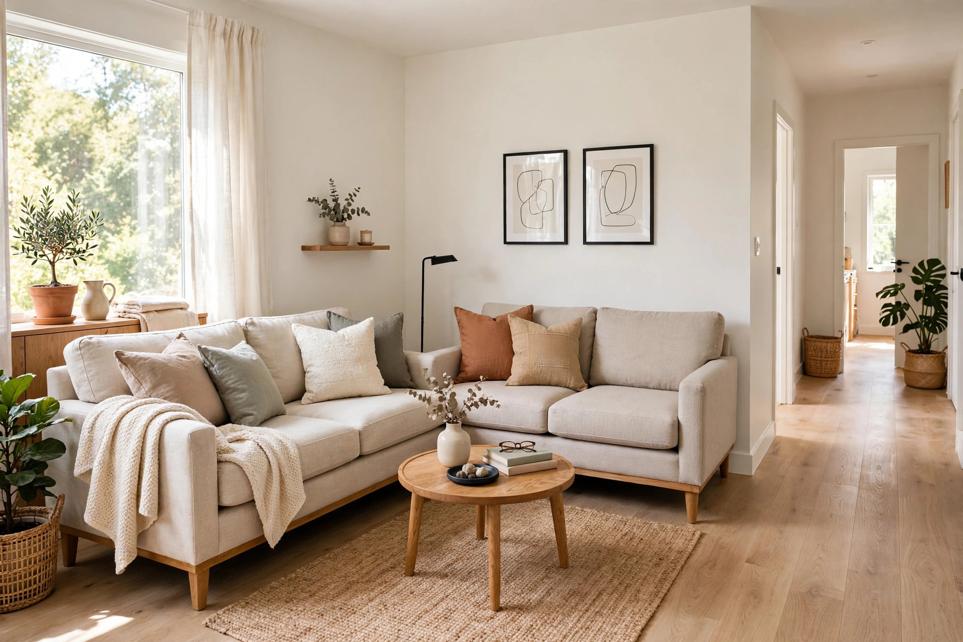 L-shaped sectional sofa tucked into a corner leaving a clear walkway through the room