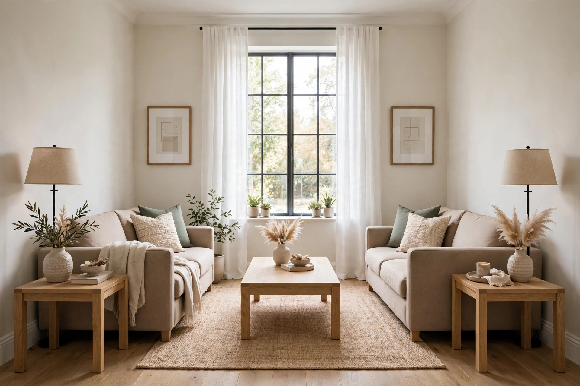 Symmetrical living room with two loveseats facing each other across a coffee table
