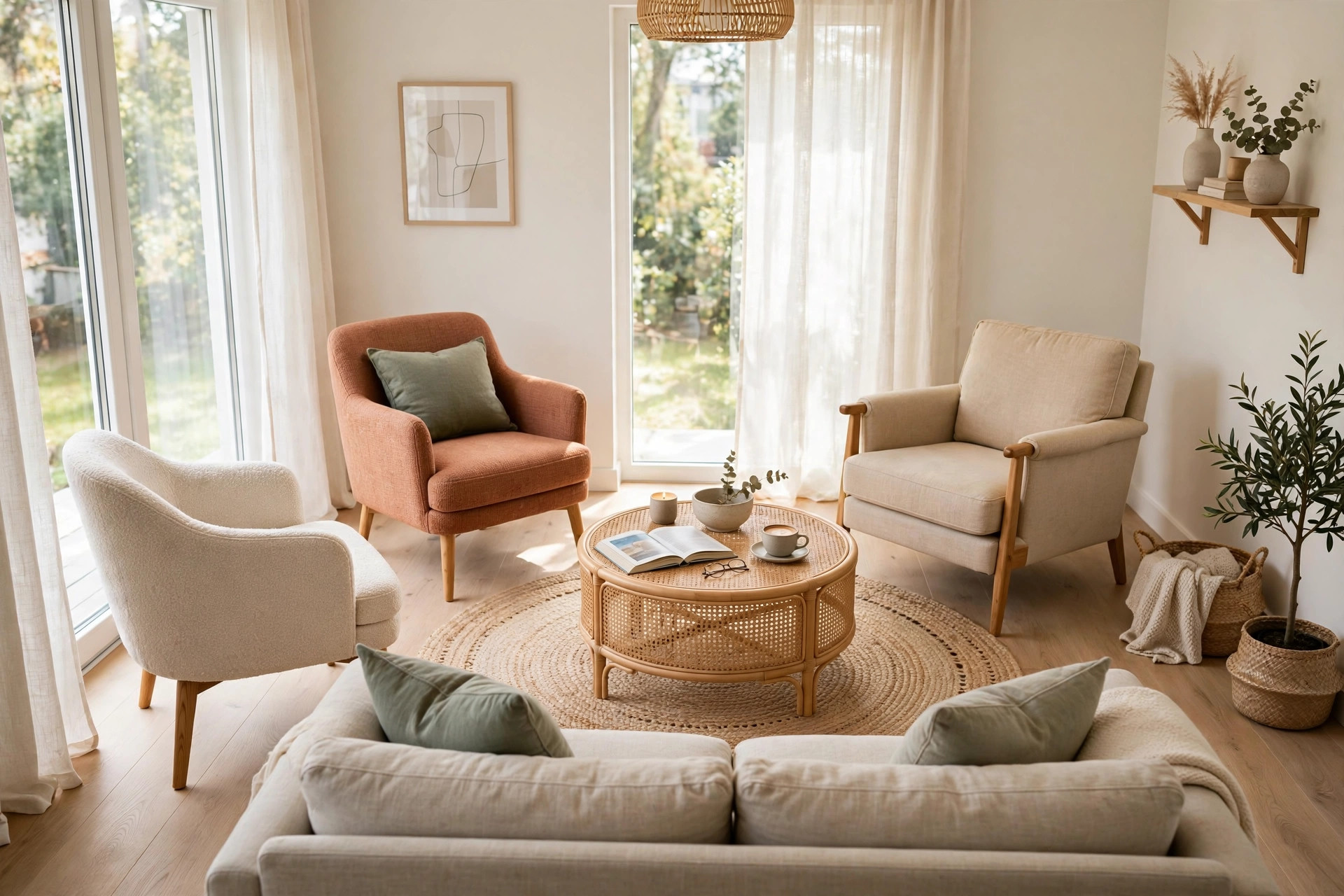 Living room seating arranged in a loose circle around a round rattan coffee table