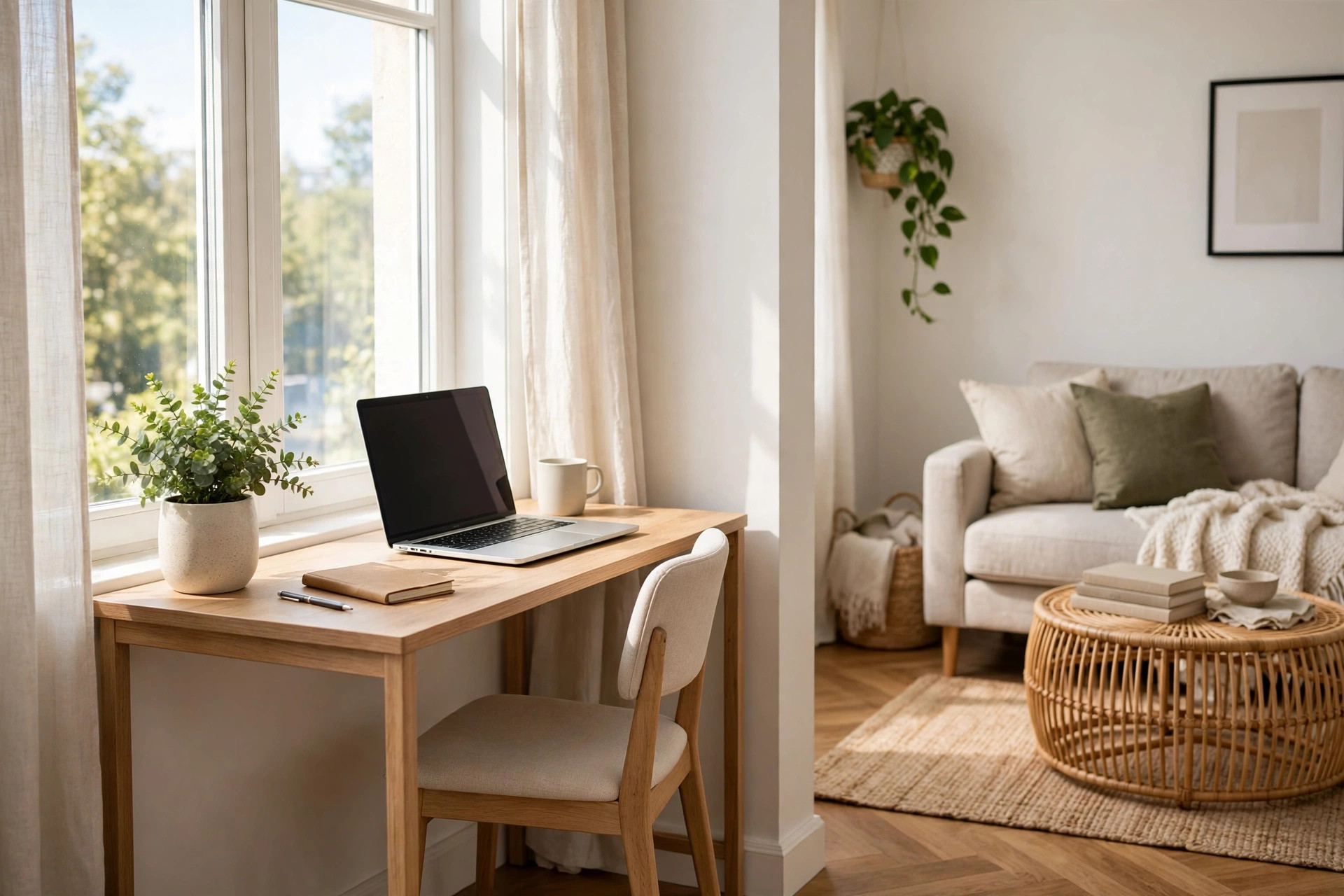 Slim wooden desk with a laptop set up by a bright window as a mini work zone