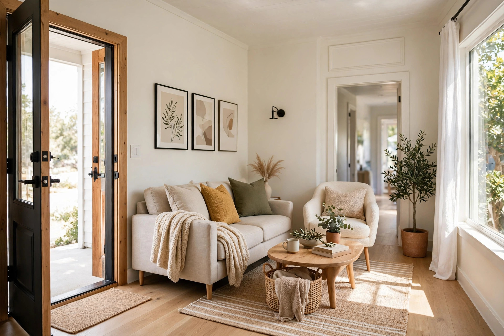 Small living room with a clear walkway from the front door to the hallway