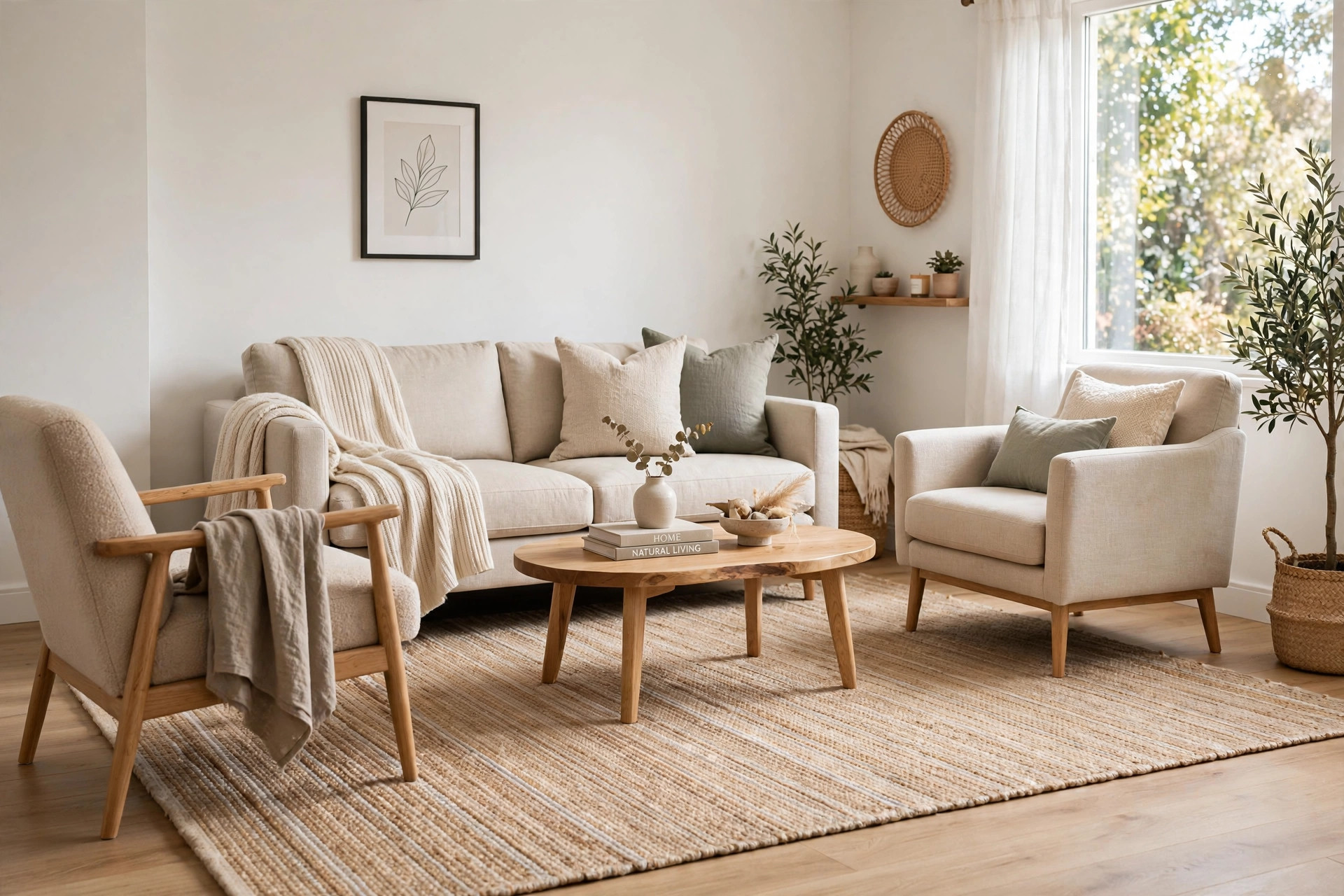 Sofa and armchairs arranged on one large natural-fiber area rug in a living room