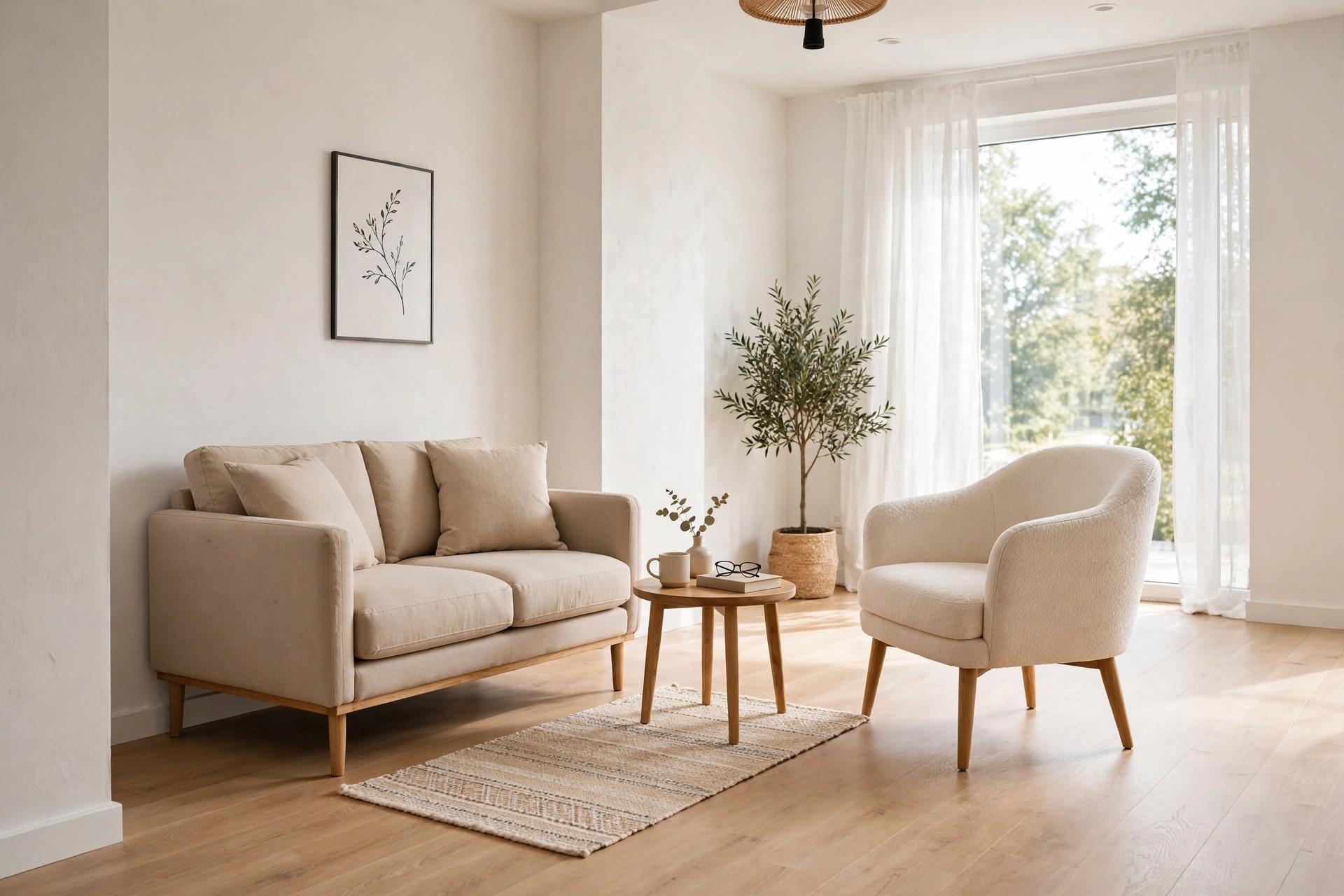 Compact beige loveseat paired with a cream armchair in a small bright living room corner