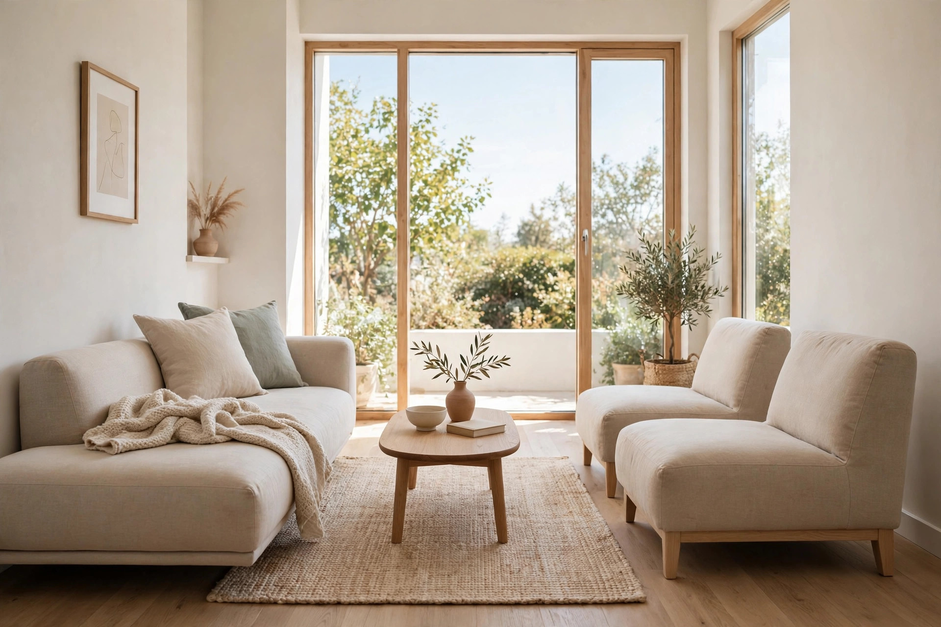 Armless sofa and low-profile slipper chairs with open sightlines in a bright living room