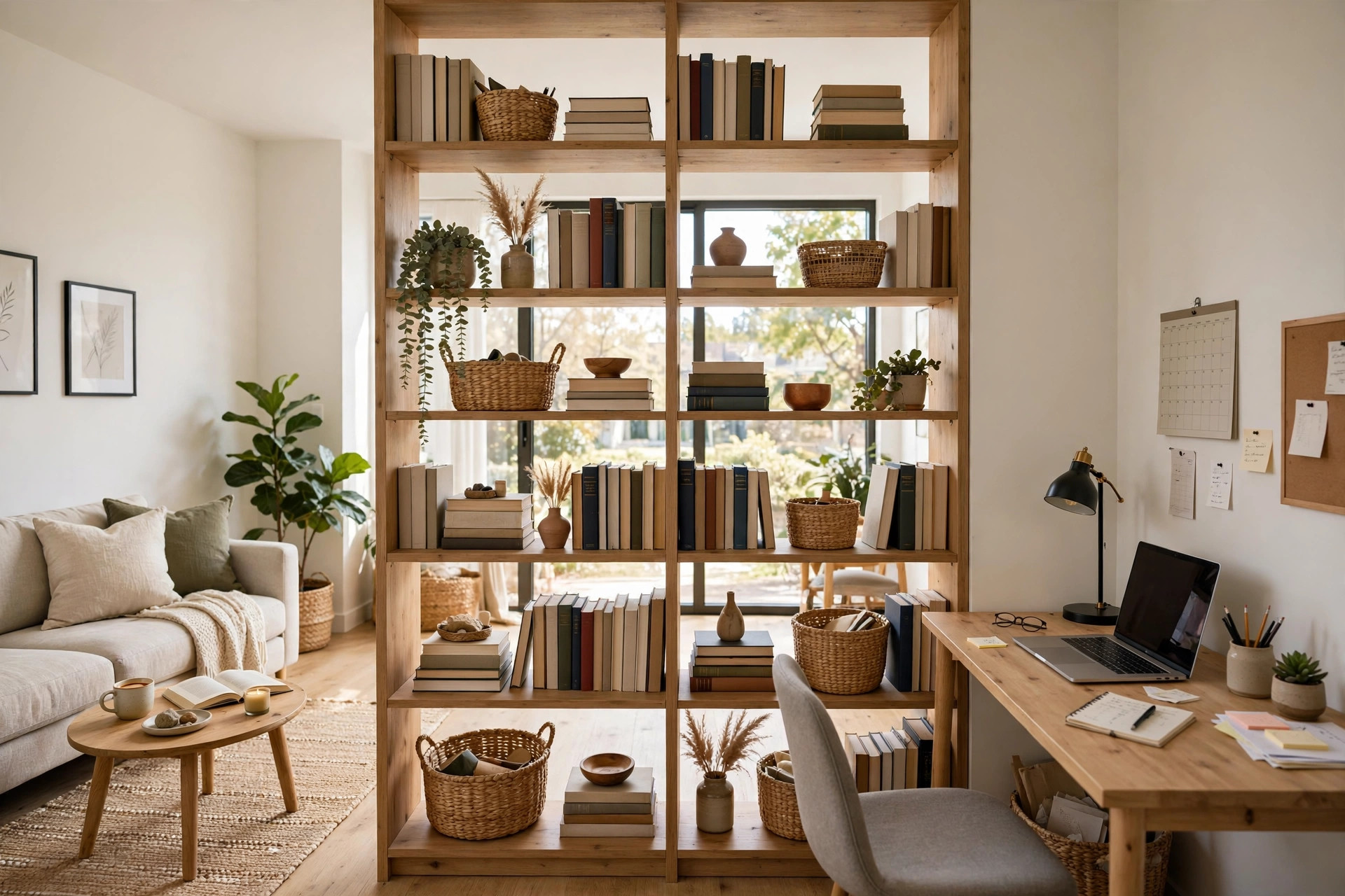 Open-back wooden bookcase styled with books and baskets dividing a living room from a work corner