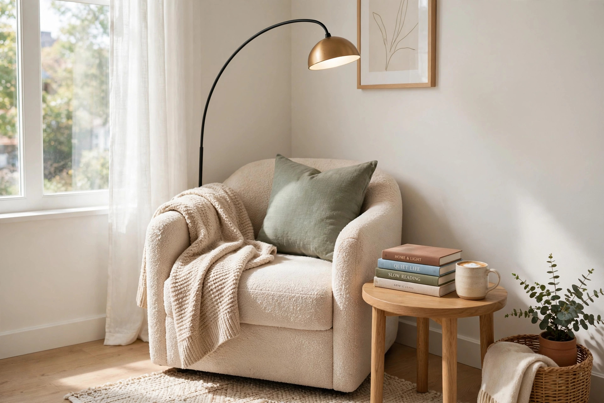 Cozy reading nook with a boucle armchair, arc floor lamp, and small side table in a corner