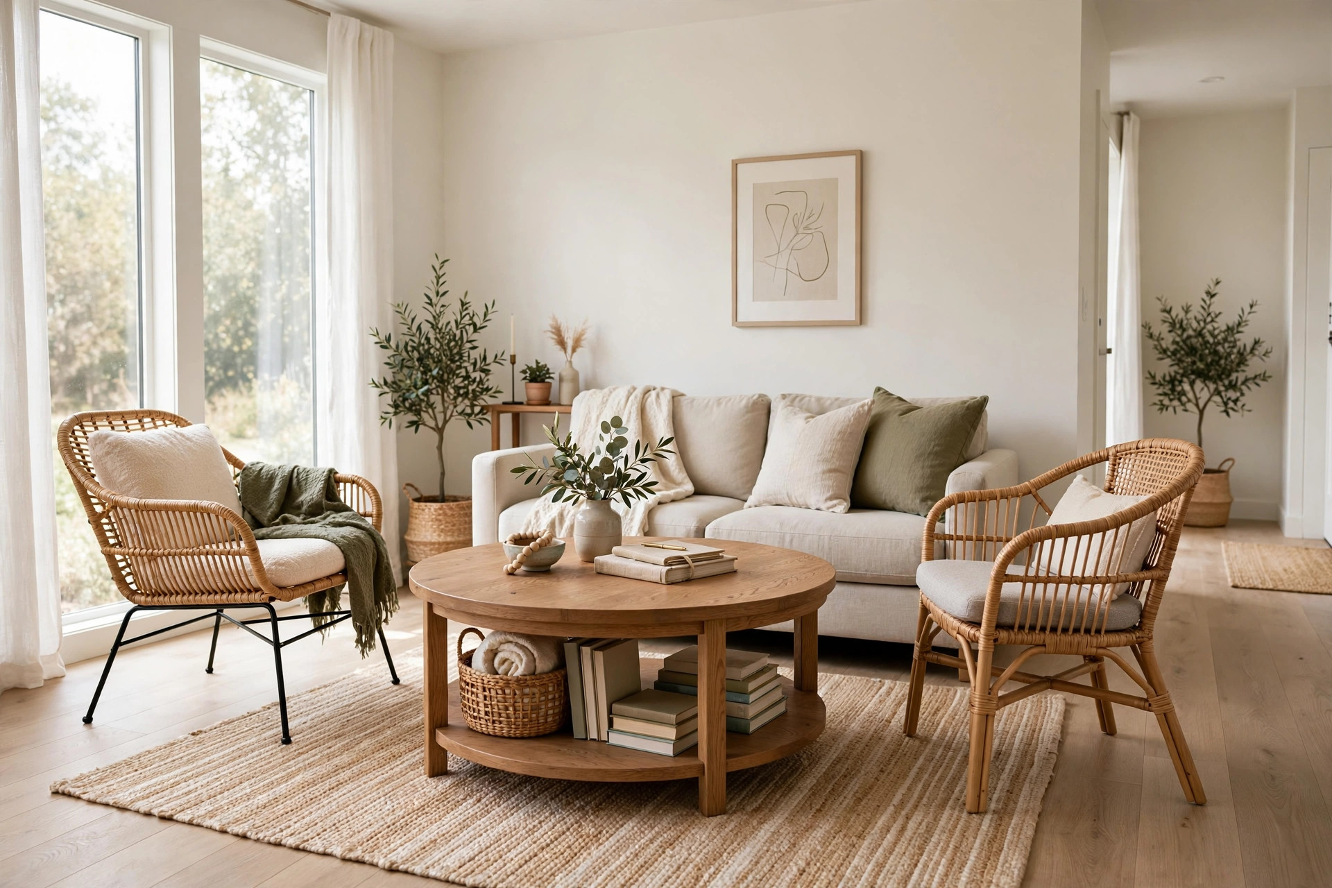 Round wooden coffee table with a lower storage shelf in a small living room