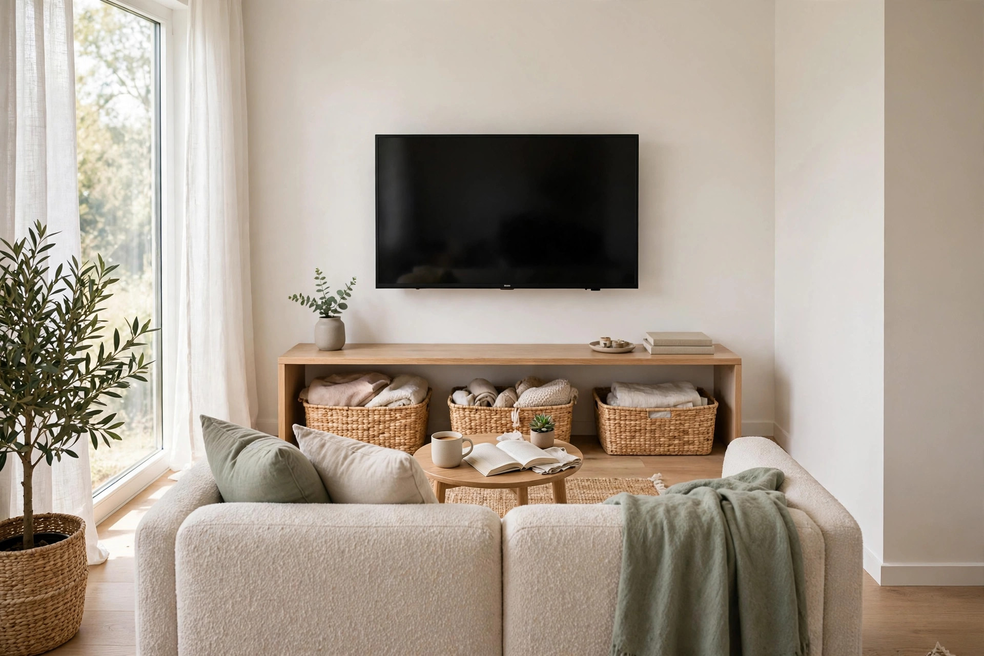 Wall-mounted TV with a slim wooden console and woven storage baskets beneath it