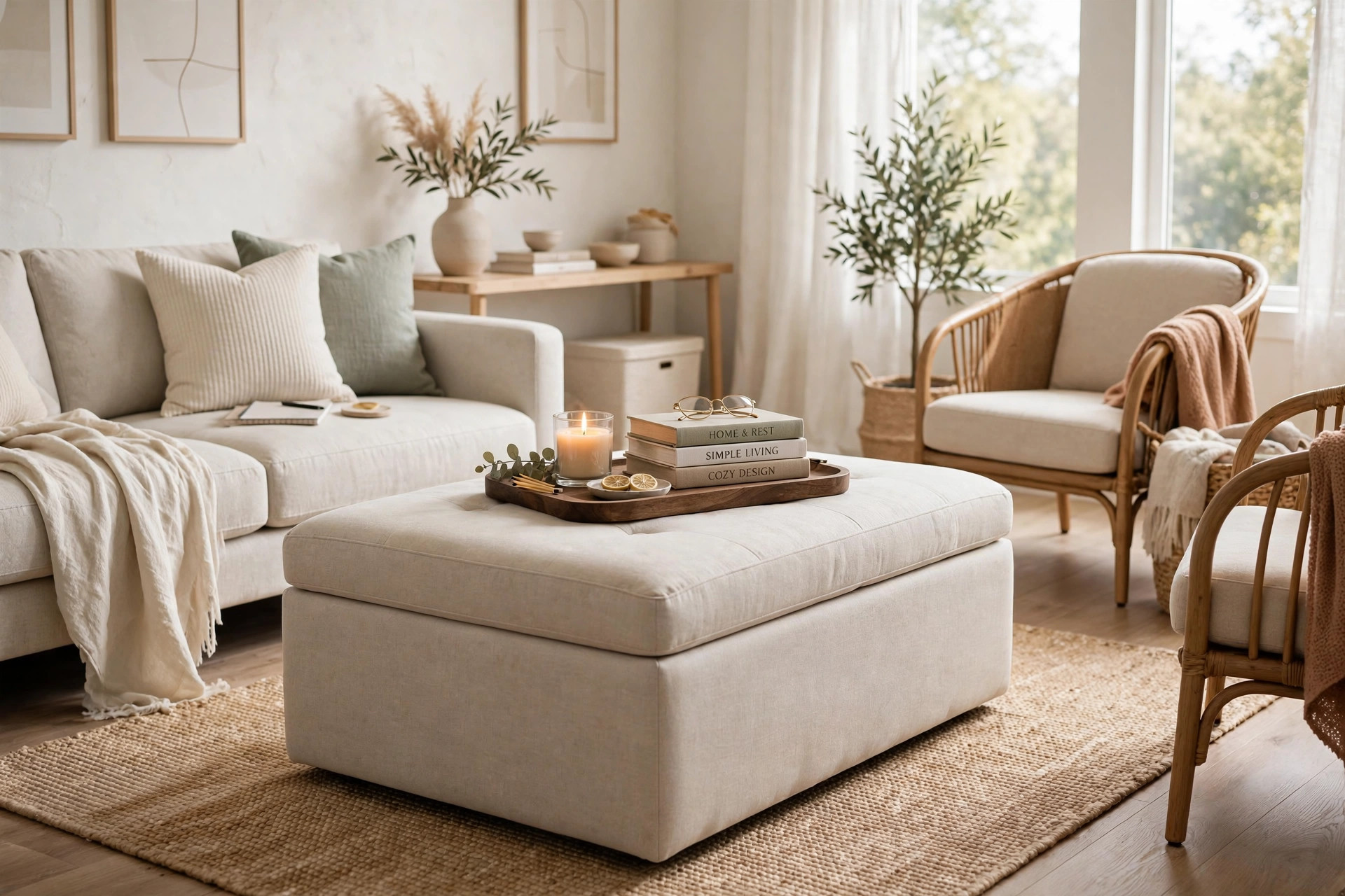 Upholstered storage ottoman styled with a tray and books as a coffee table