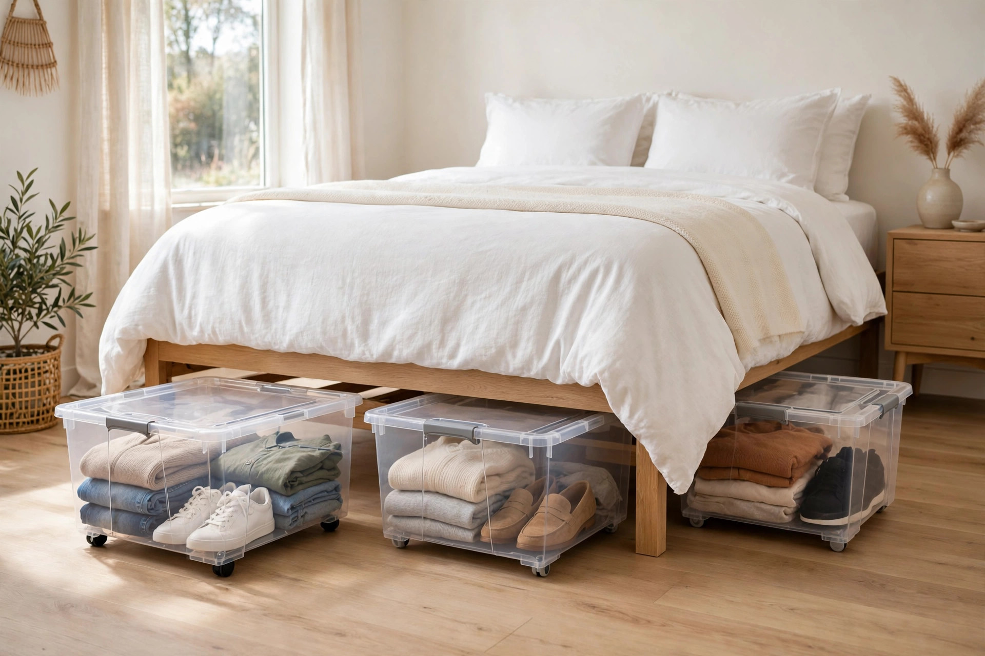 Clear rolling storage bins under a bed holding folded clothes and shoes