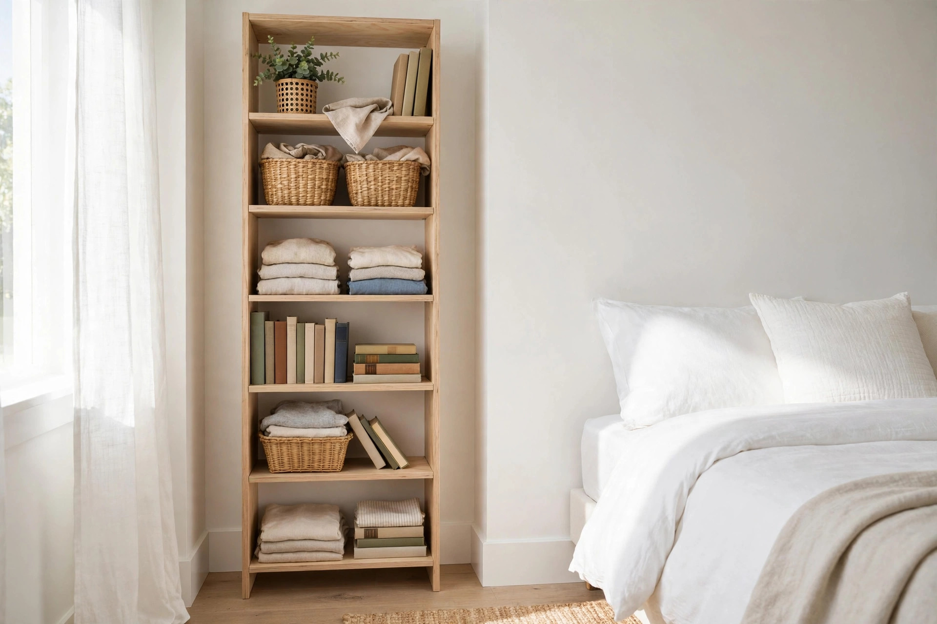 Tall narrow wooden tower shelf beside a bed holding folded linens, books, and wicker baskets