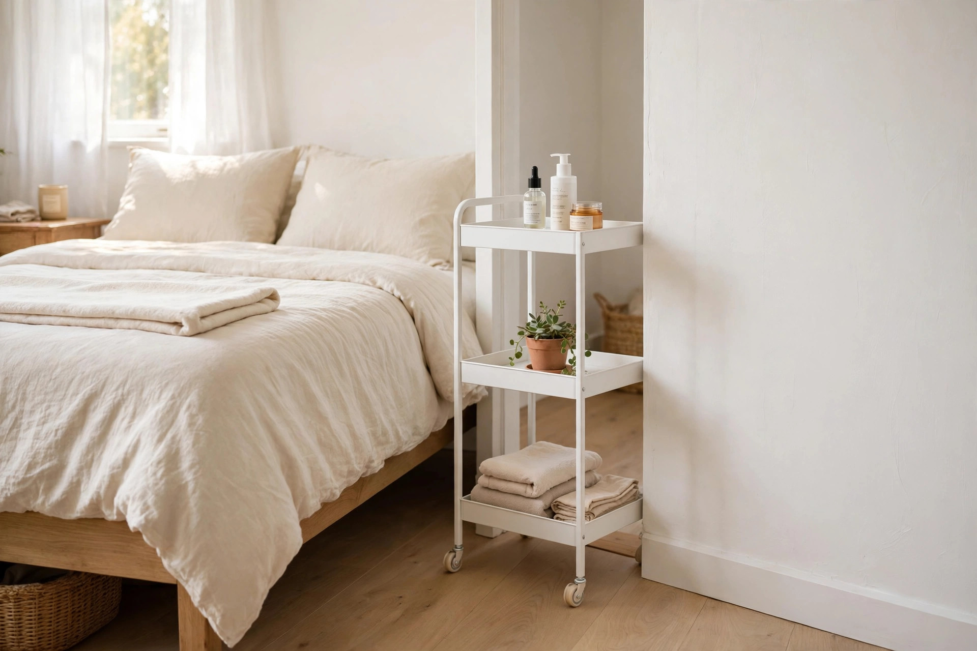 White slim rolling cart beside a bed holding skincare products, a small plant, and folded towels