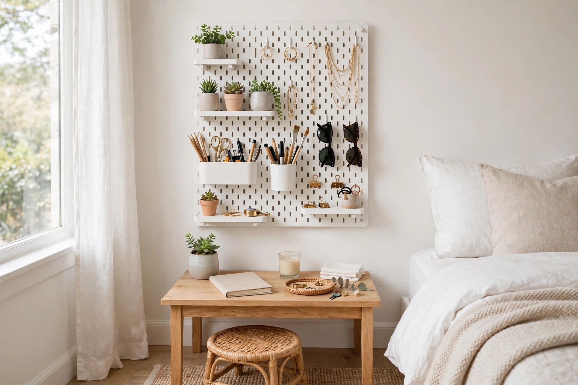 White pegboard above a desk organizing jewelry, sunglasses, plants, and stationery