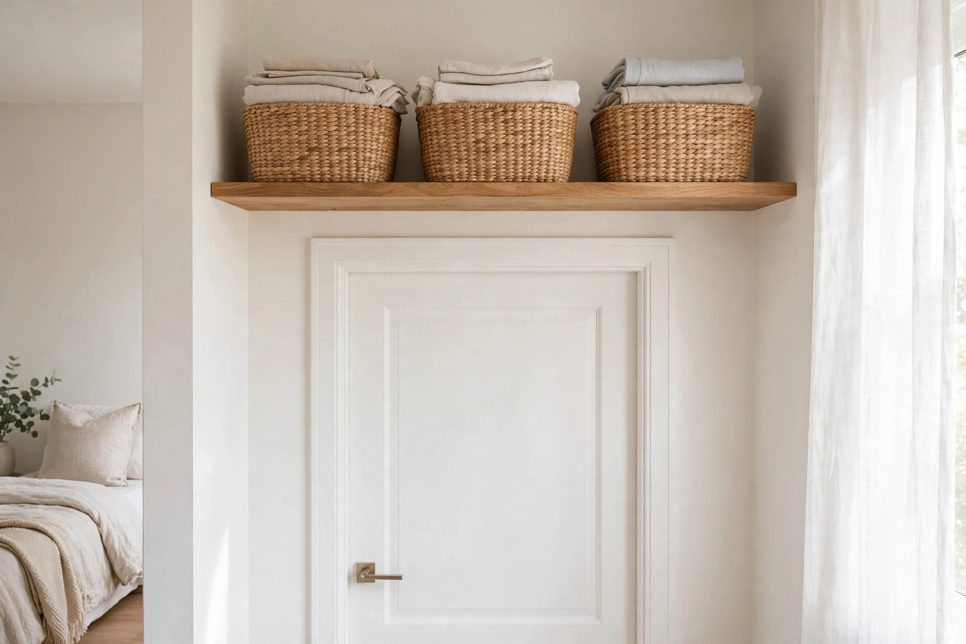 Wooden shelf above a bedroom door holding three wicker baskets of folded linens