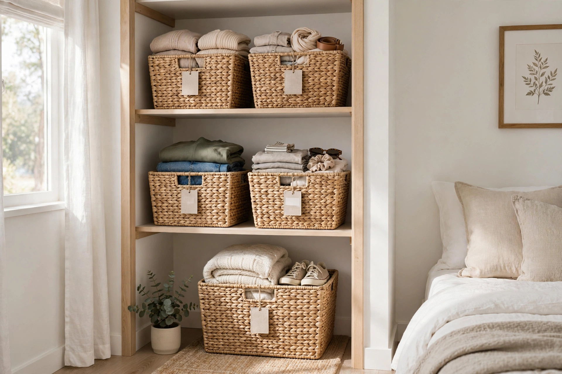 Wooden shelf with five labeled woven baskets holding folded clothes and shoes
