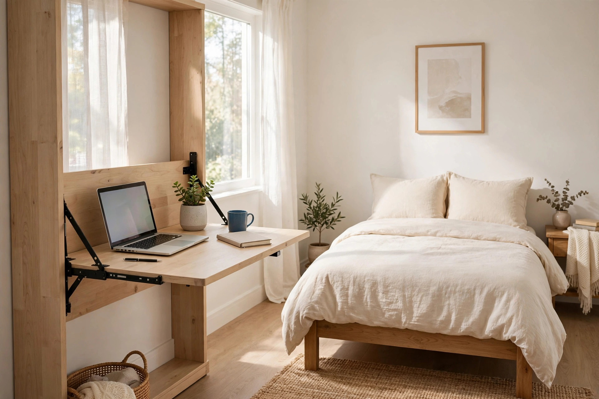 Fold-down wall desk with a laptop beside a bed in a small bedroom