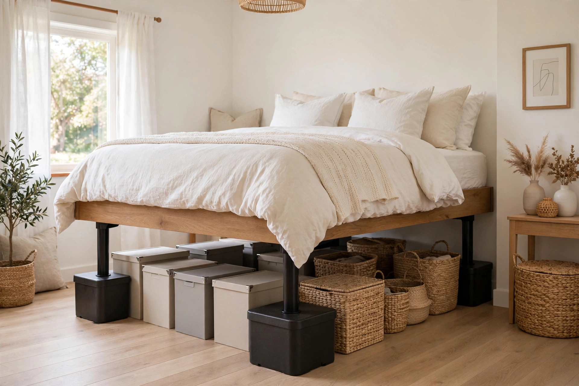 Bed raised on tall bed risers with storage bins and baskets underneath